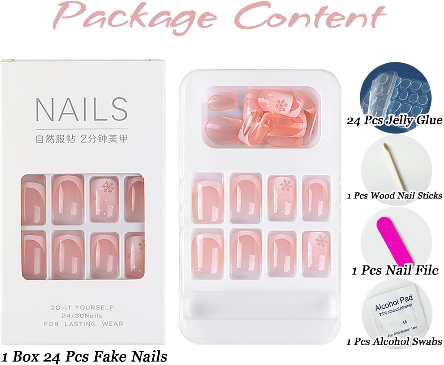 Christmas Press on Nails Short Square Fake Nails French Tip Acrylic Nails Cute White Snowflake Full Cover Stick on Nails Xmas Manicure Decorations False Nails for Women Girls image number 2