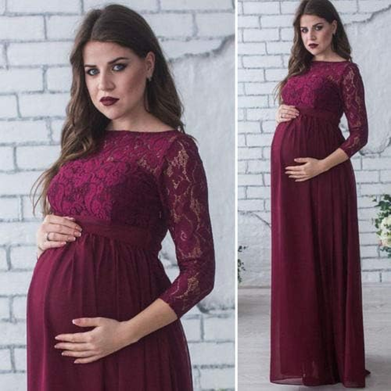 Maternity Dress for Photography Solid Color Lace off Shoulder Chiffon Gown Split Front Maxi Pregnancy Dresses for Photoshoot image number 3