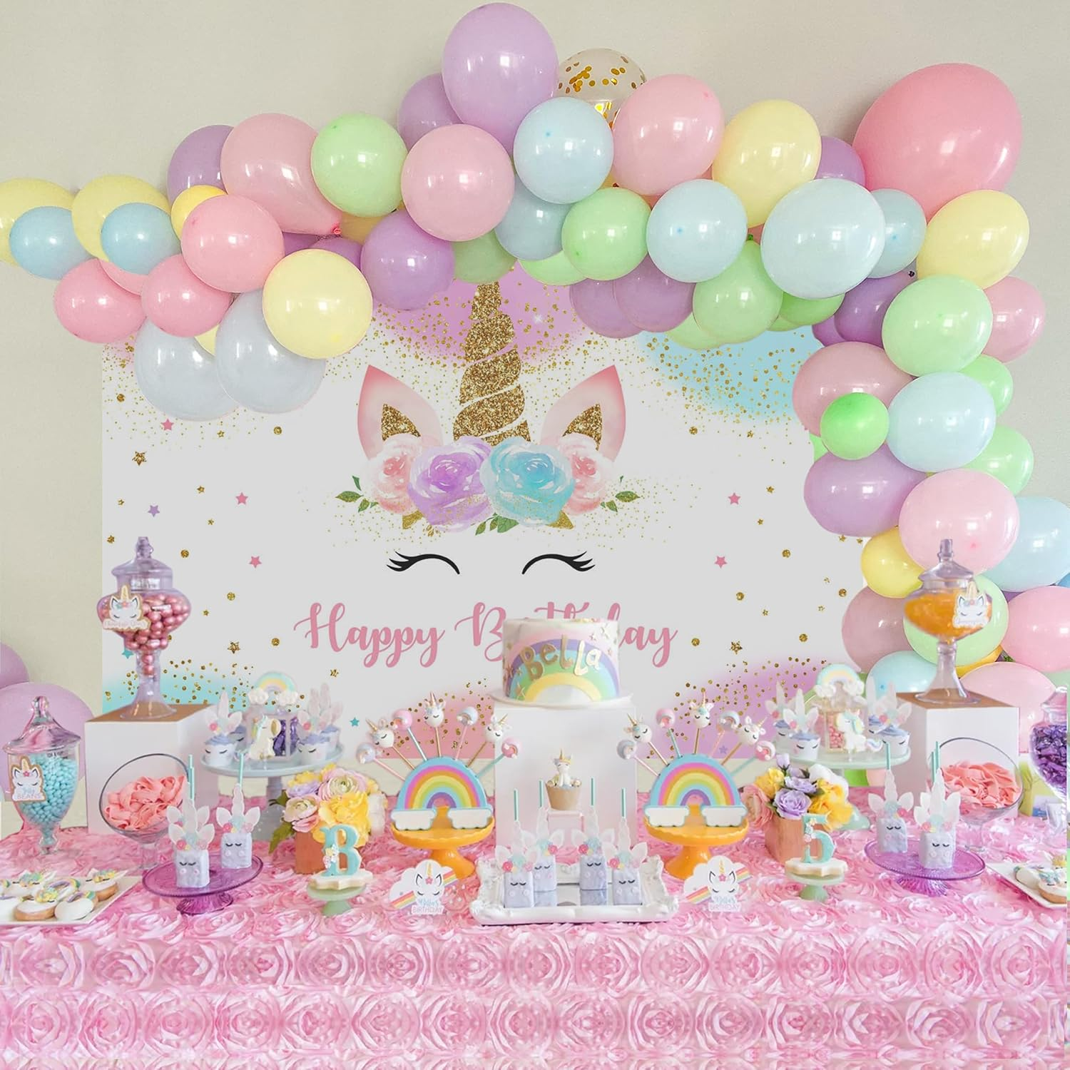 Happy Birthday Backdrop Banner Unicorn Birthday Party Backdrop, Pastel Rainbow Design with Glitter Stars, Birthday Party Photo Photography Prop Booth Background for Girls (210 * 150CM) image number 3