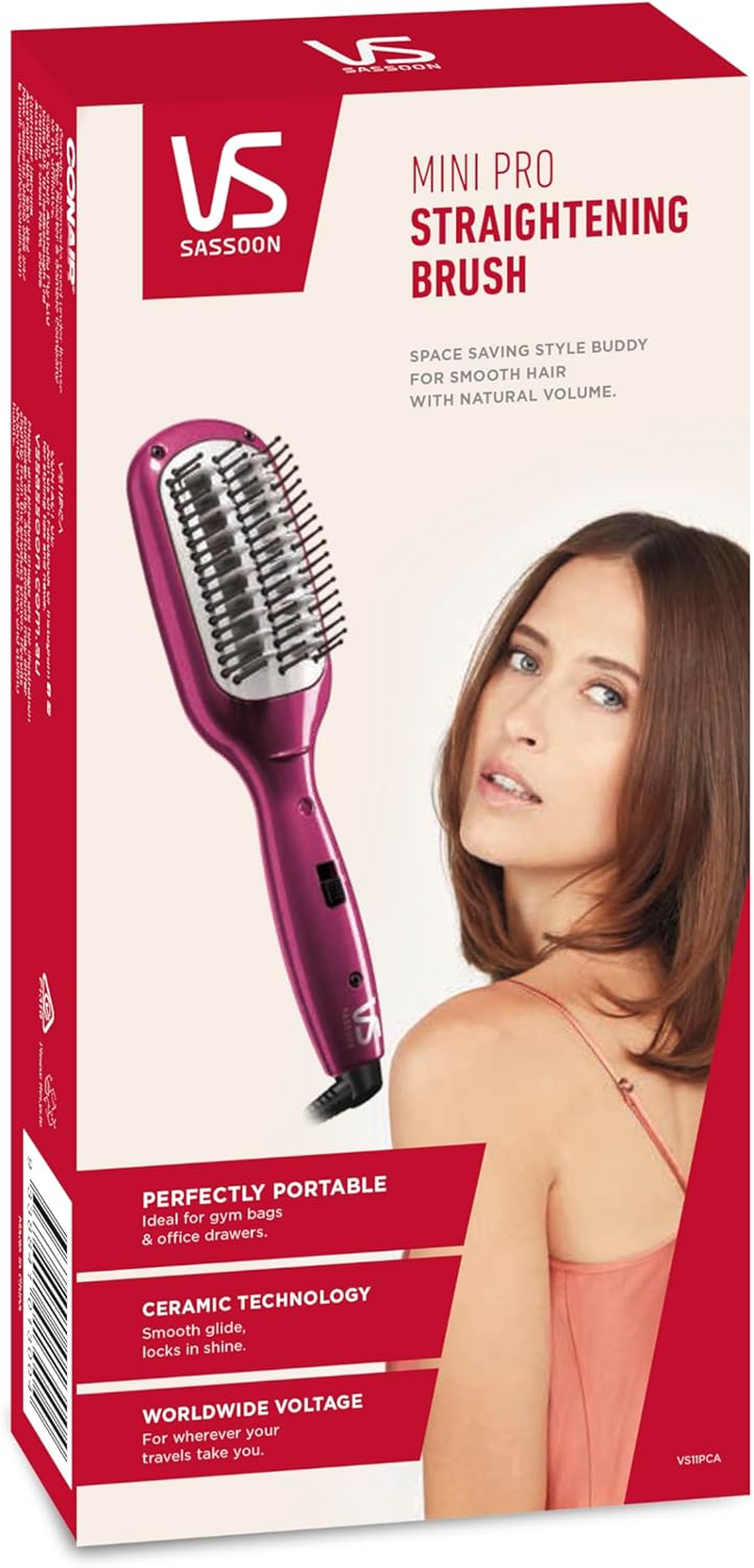 VS Sassoon Minipro Straightening Brush &ndash; Compact Heated Brush for Smooth Hair with Natural Volume, Ceramic Technology for Shine, Lightweight Design, Multi Voltage for Global Travel