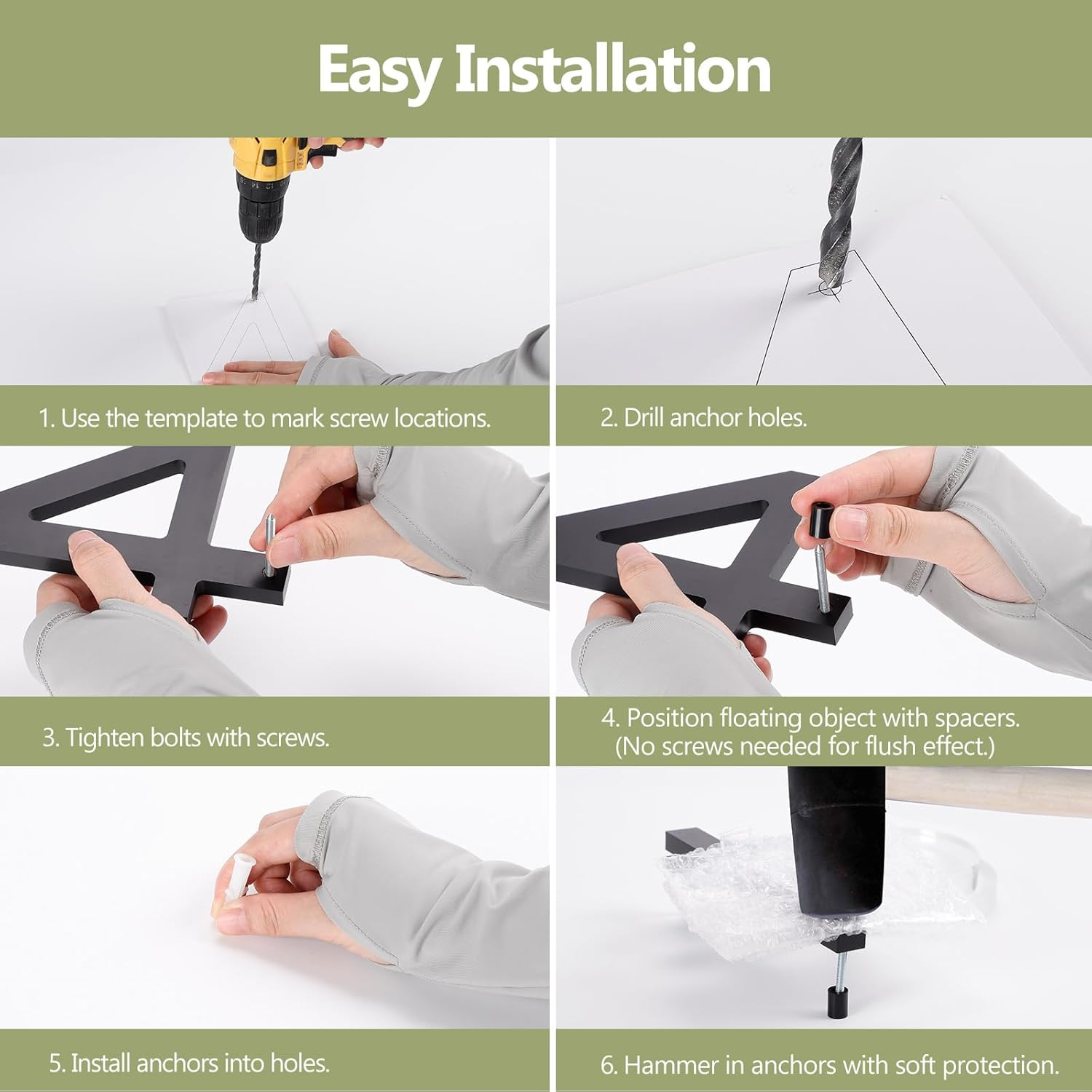 DEWEL House Numbers for Outside, 6 Inch Modern Floating Address Numbers for Farmhouse, Street, Front Door, Weatherproof, Easy to Install with Template (Black House Number 1) - Black No.1 image number 6