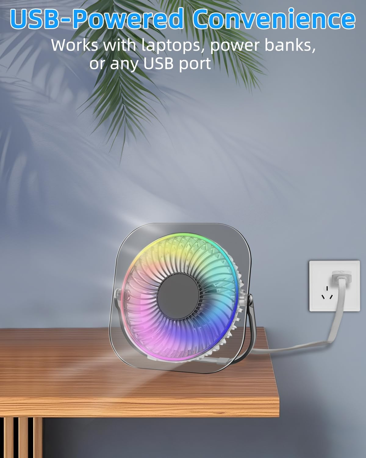 GOBRILLFUN Desk Fan with 3 Speeds, 180&deg; Rotation & Anti-Slip Base &ndash; Usb-Powered RGB Gaming Quiet Cooling Fan for Home, Office, Gaming &ndash; 20,000 Hr Durable Brushless Motor (Transparent Grey) image number 6