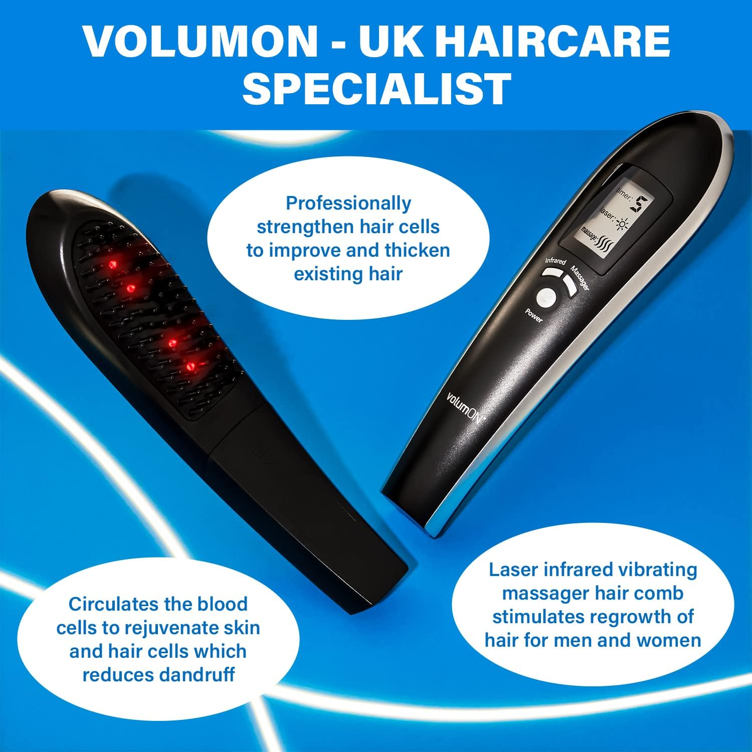 Volumon Electric Laser Massage Comb for Hair Growth Regrowth Hair Thickening & Strengthening with Massager & Infrared & Digital LCD Screen- Daily Home Use image number 2
