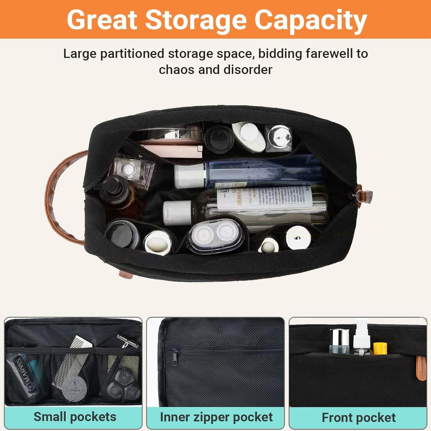 Toiletry Bag for Men, Canvas Travel Toiletry Organizer Dopp Kit,Large Capacity Shaving Bag Water-Resistant Bathroom Bag Mens, Hanging Organizer Bags for Travel Essentials Toiletries Accessories image number 1