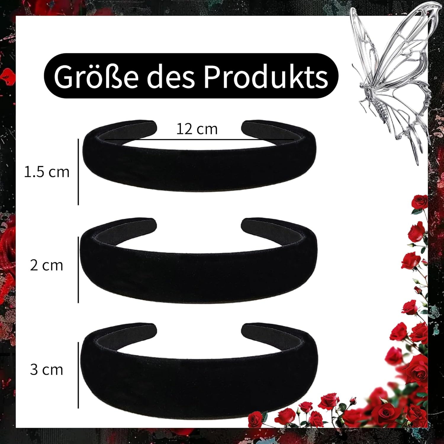 Esshogo Pack of 3 Velvet Headbands, Black, Satin Headbands, Padded Headbands, Padded Velvet Headband, Non-Slip Fashionable Hair Bands, Vintage Hair Accessories, Simple Headband for Girls image number 1