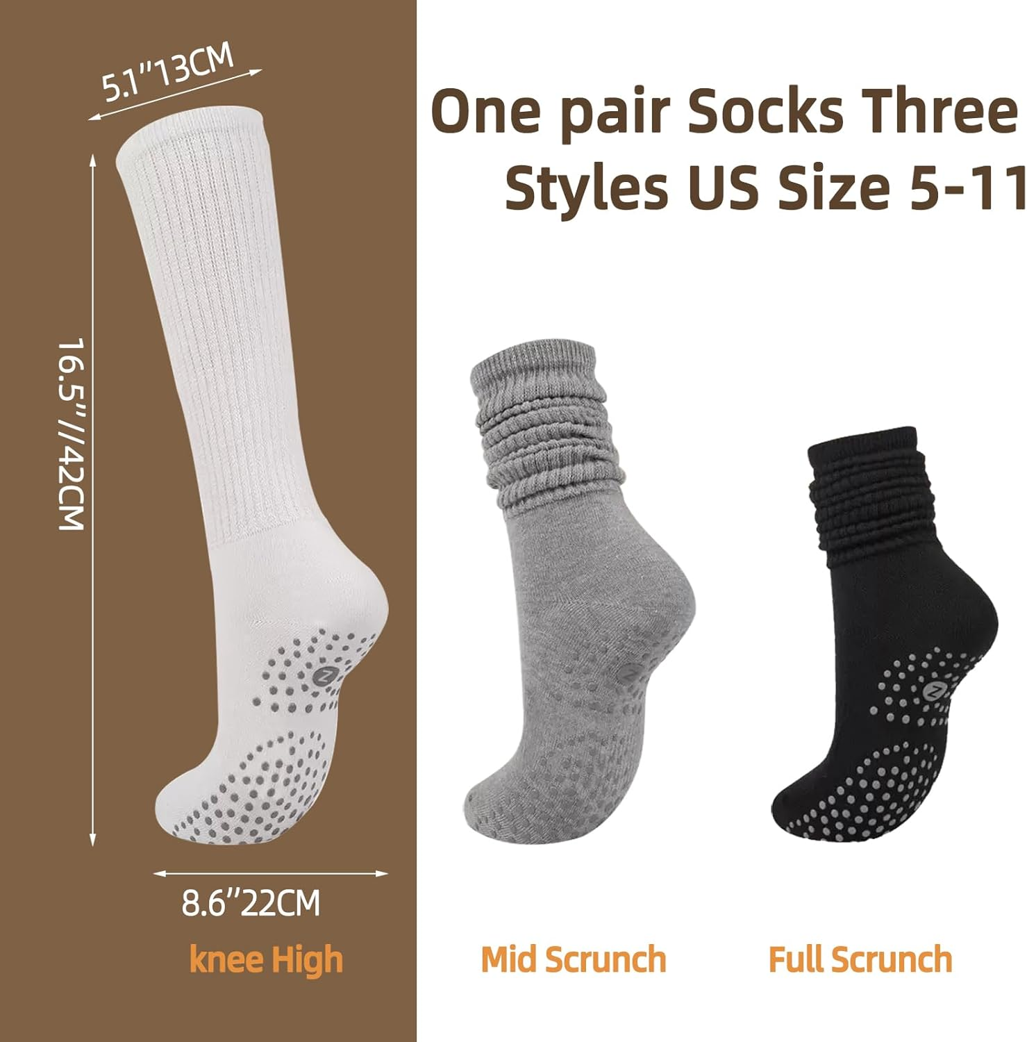 ZANZER (3 Pairs) Scrunch Pilates Grip Socks for Women, Yoga Slouch Socks with Grip for Barre Workout Hospital Dance Gym Exercise,Long Scrunch Slipper Socks - Pink + White + Black image number 6