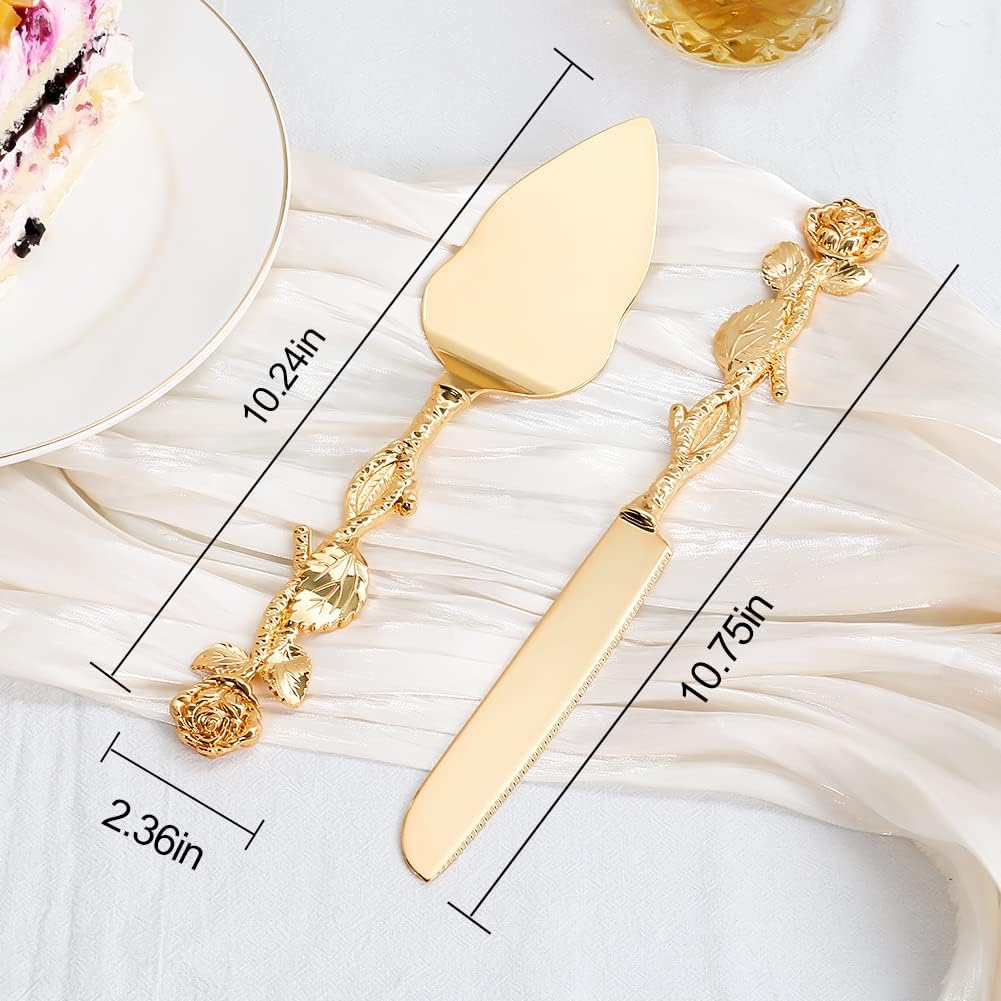 Cake Cutting Set for Wedding, Personalized Gold Cake Knife and Server Set, Custom Cake Serving Set, Engraved Pastry Pie Server Cake Pizza Cutter, Birthday Bridal Gift (F-Rose), GF678 image number 4