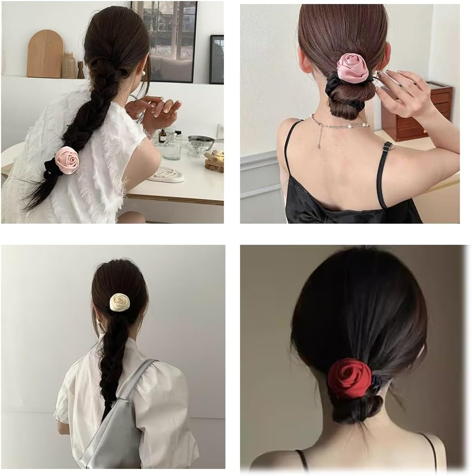 Rose Flower Hair Bobbles Elastic Hair Bands Stretchy Rubber Hair Bands Slim Floral Headbands Scrunchies Ponytail Holder Accessories for Women Girls image number 3