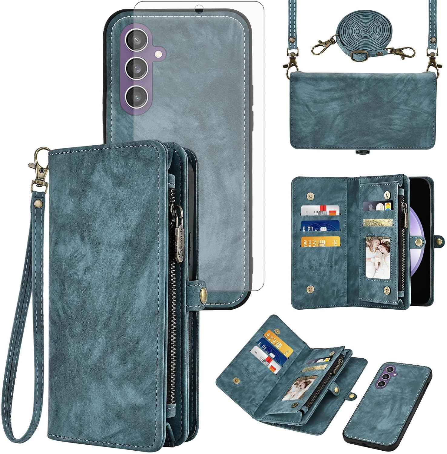 Asuwish Mobile Phone Case for Samsung Galaxy S23 FE 5G Case with Strap Film Protective Film Card Slot Foldable Leather Flowers Wallet Stand S 23 S23FE 23FE Cases Protective Tempered Glass Screen