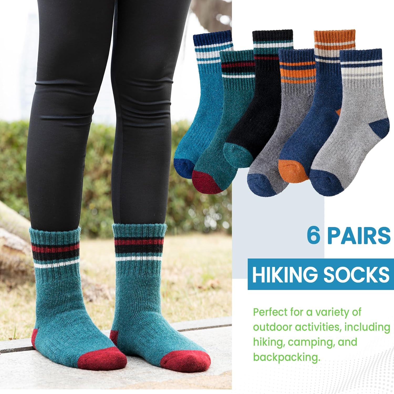 WEVIAS Kids Merino Wool Hiking Socks Boys Girls Thermal Winter Cozy Boot Warm Cushion Socks 6 Pairs