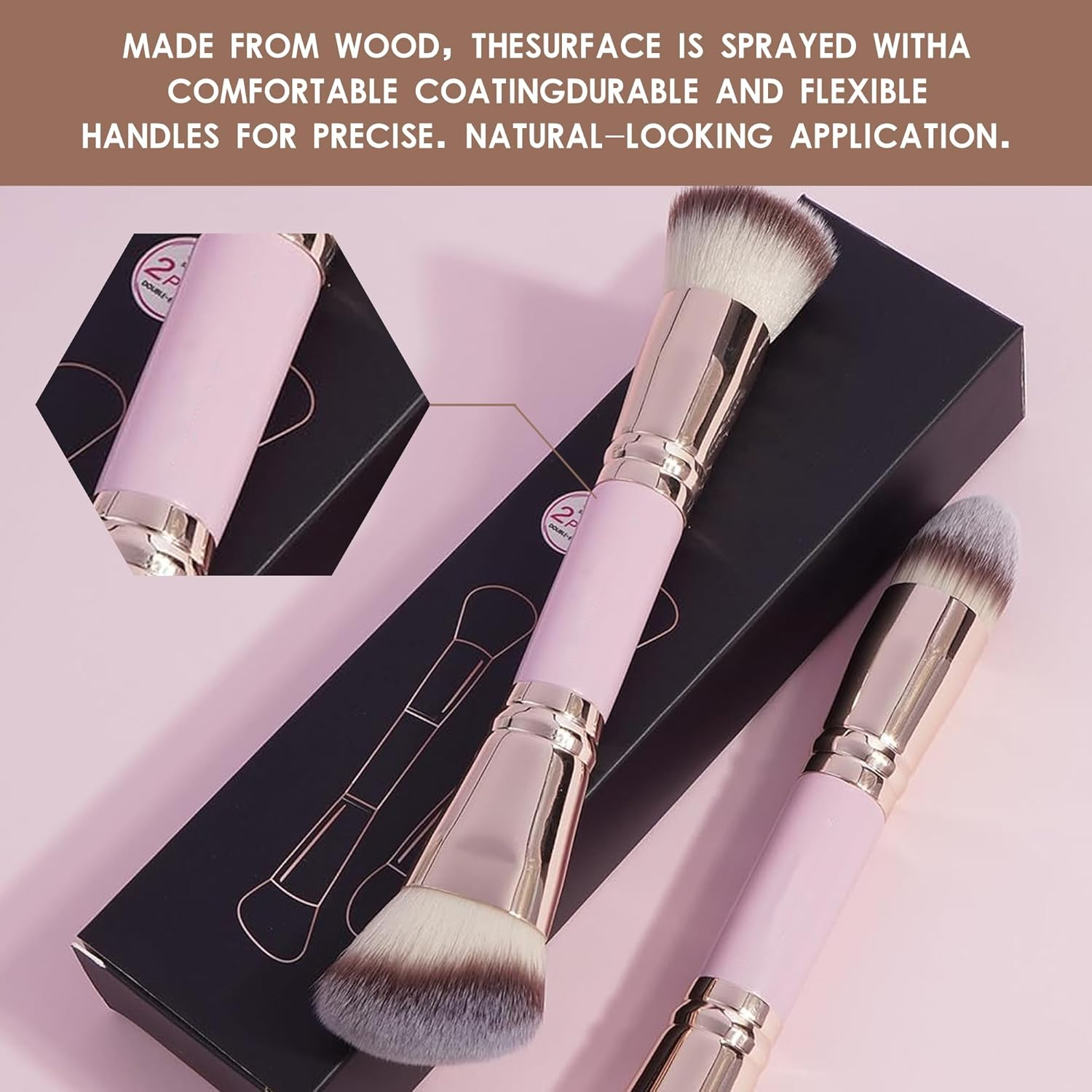 Foundation Makeup Brushes, 2Pcs Premium Double-Ended Makeup Brush (Flat/Angled/Angled Round/Tapered Top) for Buffing Liquid, Cream, Powder, Blending Contour Face Brush(Pink）