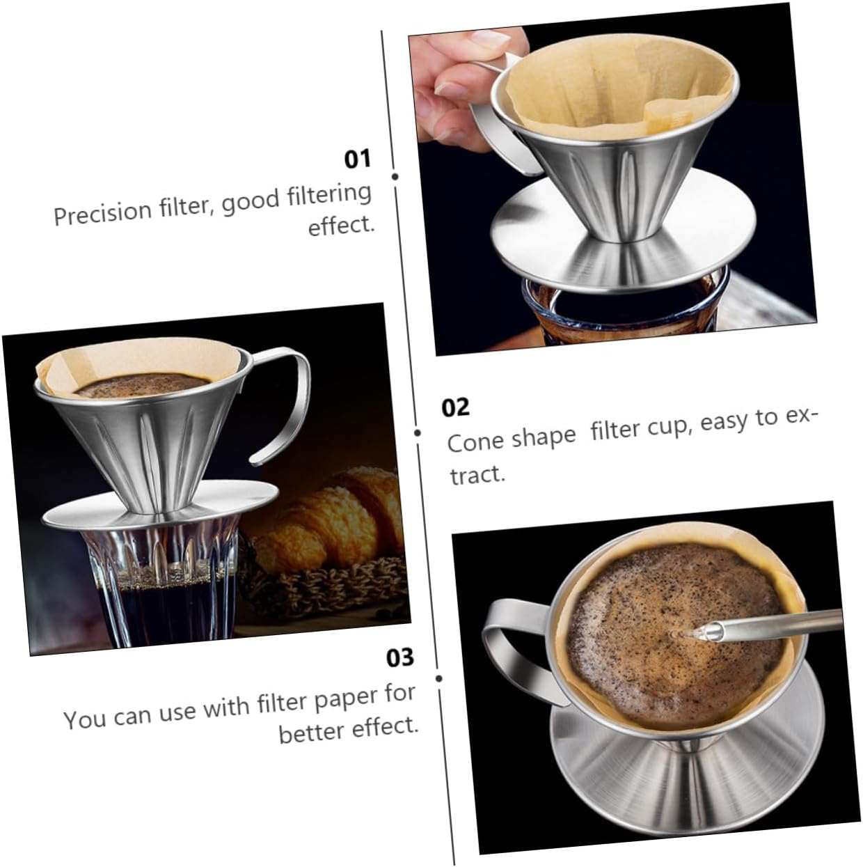 LIFKOME Stainless Steel Coffee Filter Drip Funnel with Handle and Base Reusable Coffee Strainer for Home Brewing and Tea Making