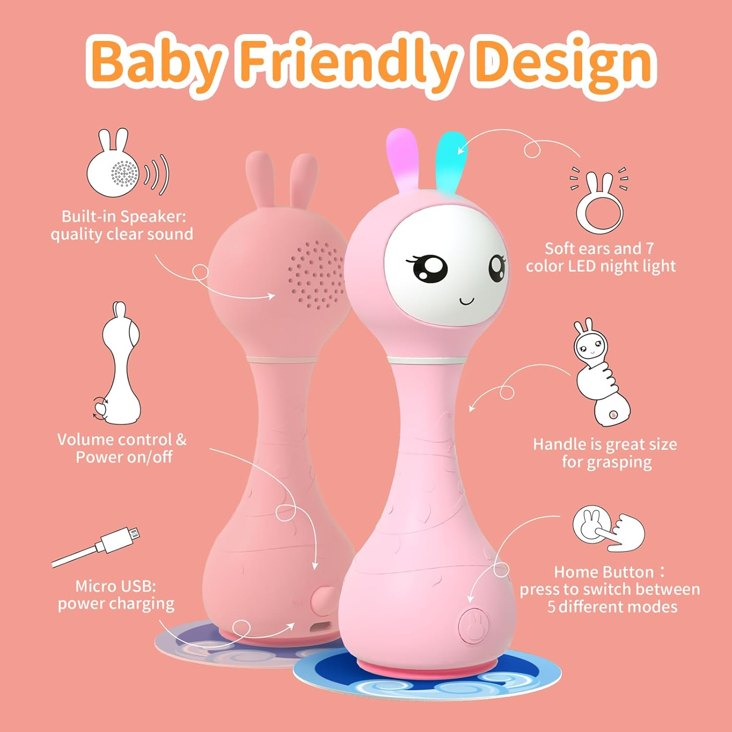 Alilo Smarty Bunny Baby Musical Rattle Toys for Infant 0-6-12-24 Months, Christmas Gift for Boys Girls, with 66 Rattle Sound Effects,16 Nursery Rhymes,13 Stories, 5 Soothing Music White Noise Pink image number 4