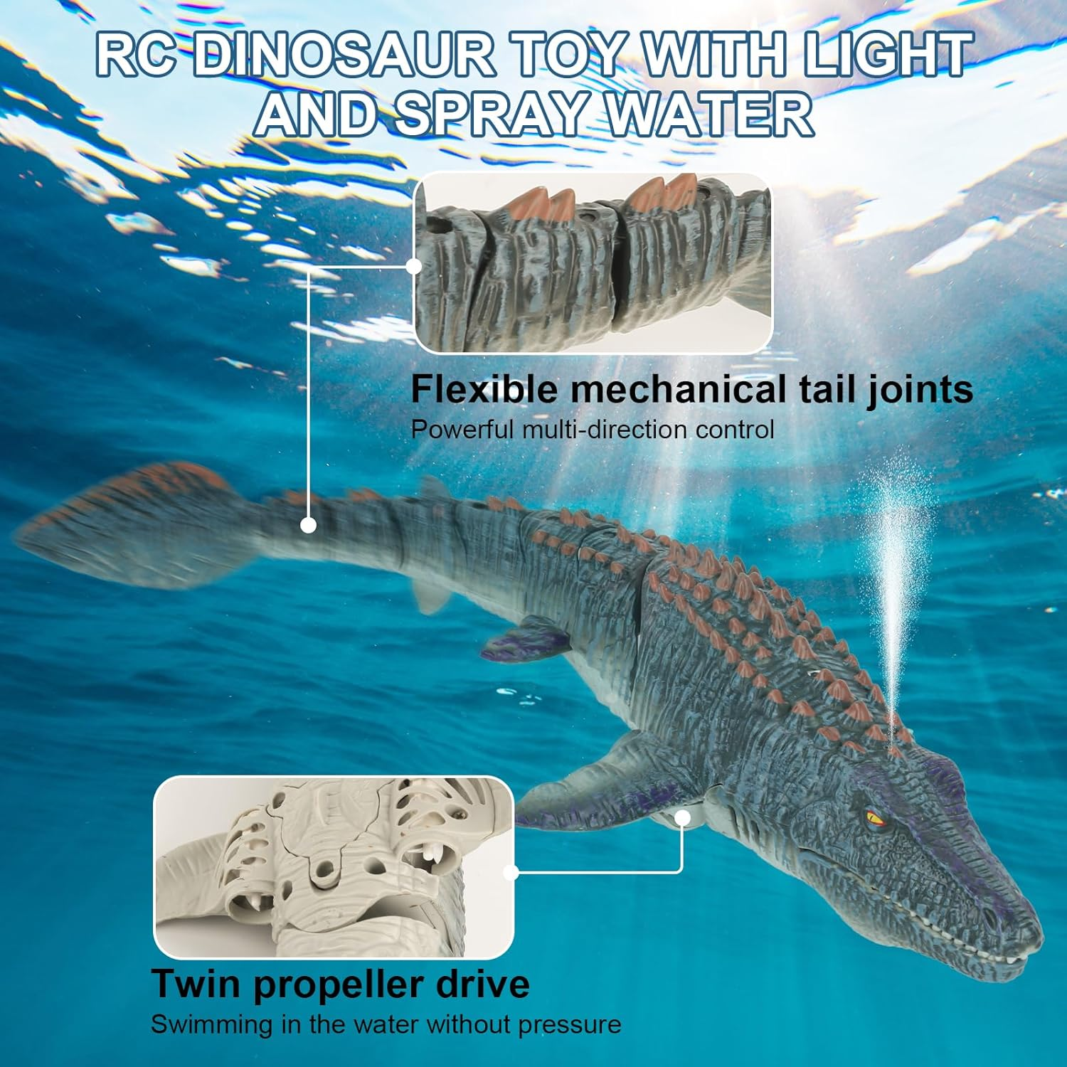 Remote Control Dinosaur Toys, High Simulation Dinosaur Toy with LED Lights for Swimming Bath Lake Ocean RC Boat Toys, 2.4Ghz Aquatic Remote Control Dinosaur Toys for Kids image number 3