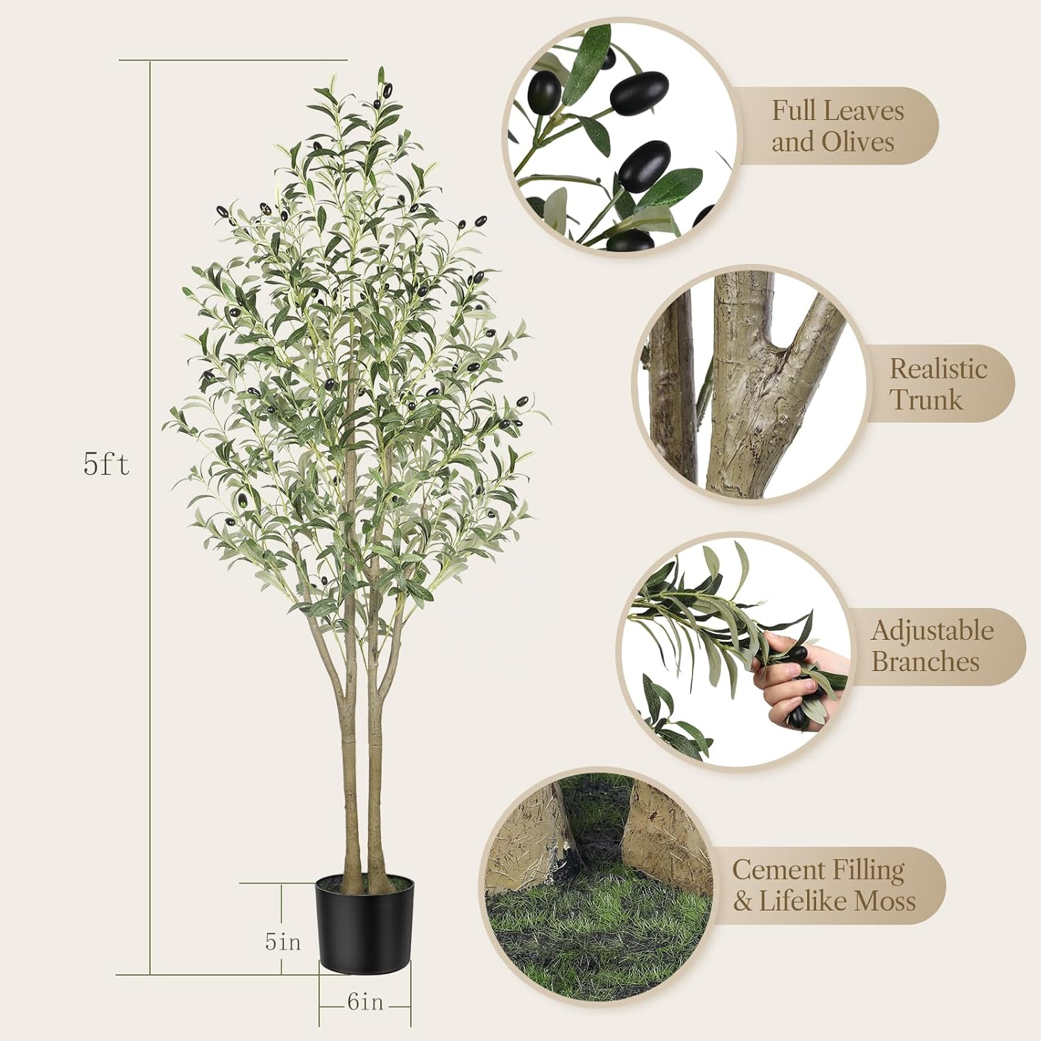 Alupssuc 5FT Artificial Olive Tree, Fake Olive Tree with Lifelike Olive Leaves, Faux Tree Indoor Outdoor for Home Living Room Bedroom Balcony Corner Office Garden Decor, 150Cm image number 4