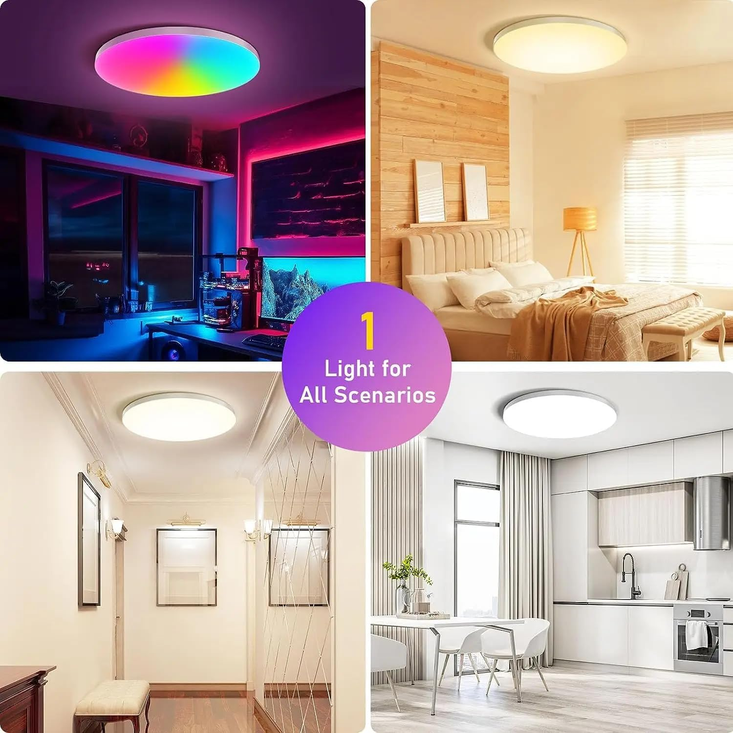 Smart Ceiling Light 24W 12" Flush Mount - Alexa & Google Home Compatible RGB LED Light with Music Sync, 16M Colors, Dimmable Wifi Ceiling Fixture for Bedroom, Kids Room image number 4