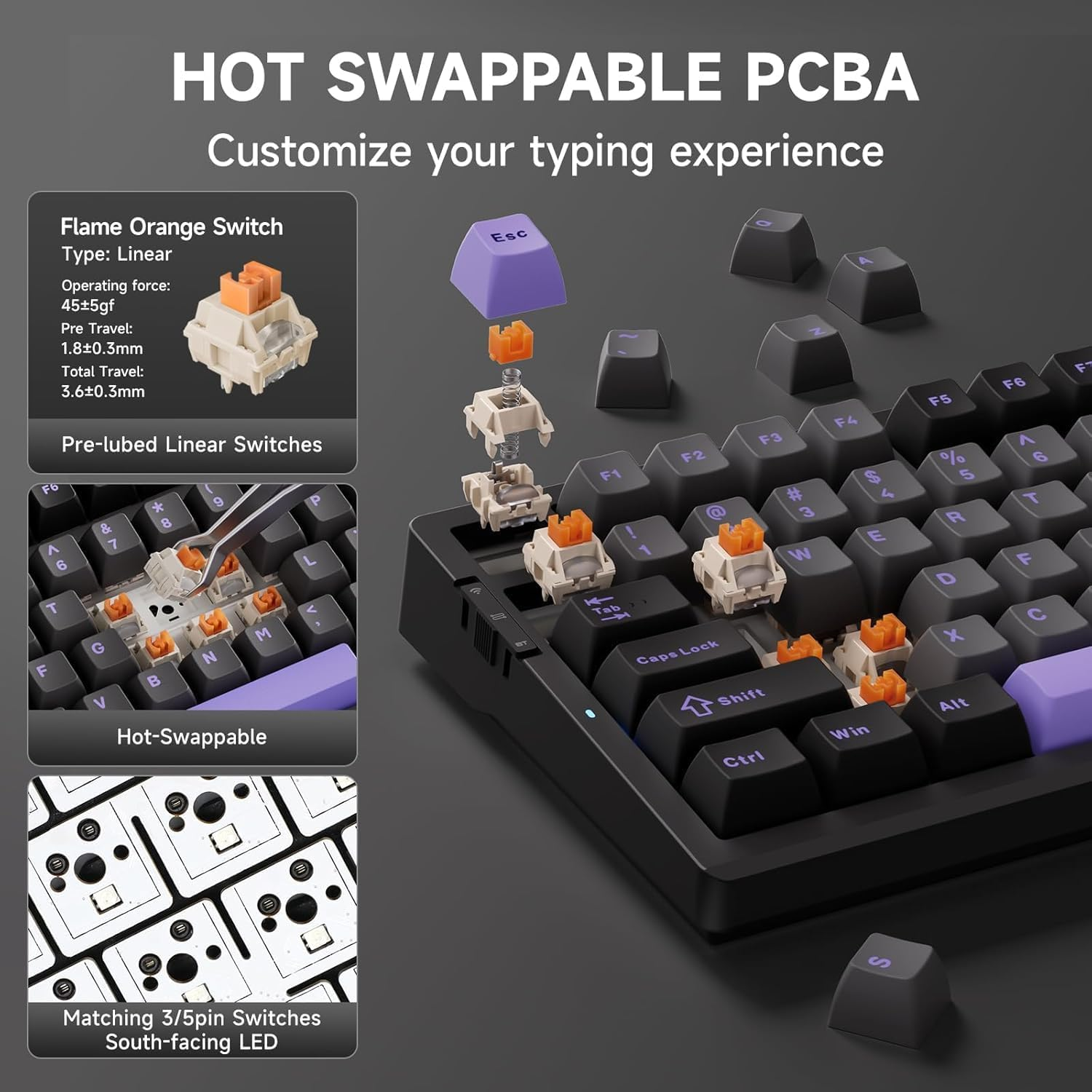 G98 PRO Wireless Mechanical Keyboard, Tri-Mode Connection Gaming Keyboard, Hot Swappable Custom Gasket Structure, Pre-Lubed Linear Switches, Double Shot PBT Keycaps RGB LED Backlit - Grayblue image number 2