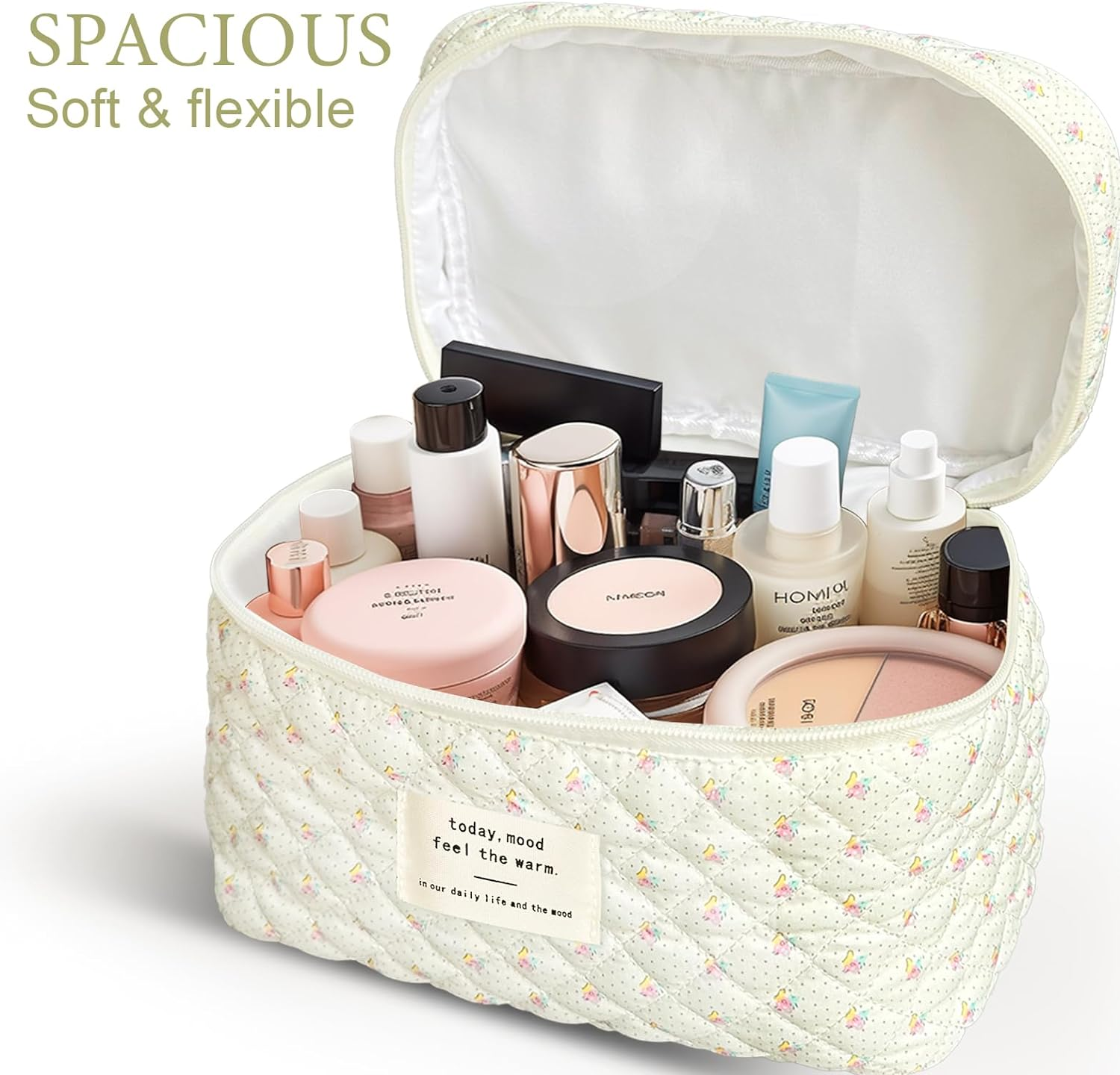 FYL 2Pcs Quilted Makeup Bag, Travel Makeup Bag, Floral Coquette Large Make up Bags (Classic Floral 2Pcs) image number 2