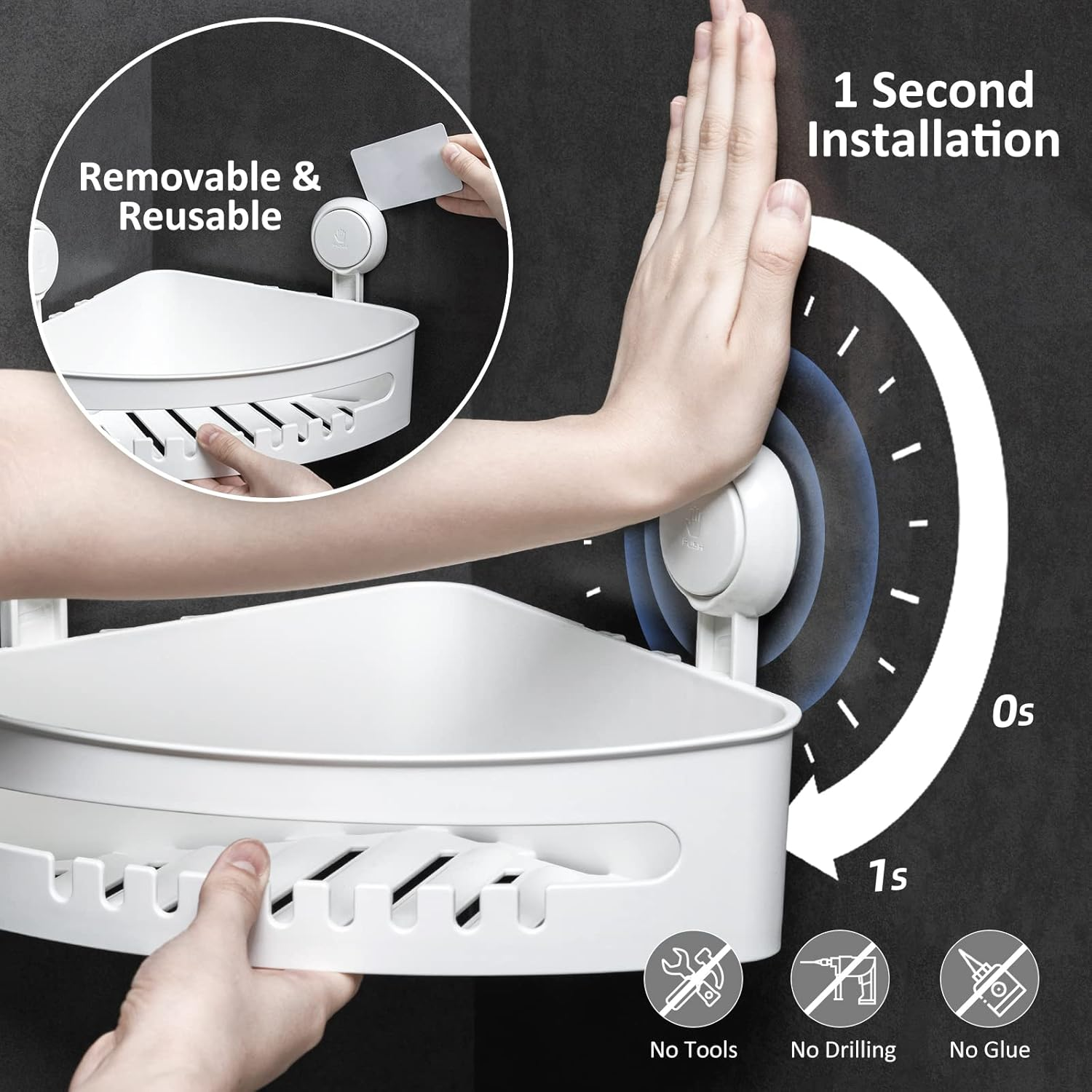 LEVERLOC Suction Cup Corner Shower Shelf - No Drilling, Removable Bath Shelf with Heavy Duty Hold, Waterproof & Oilproof White Shower Organizer Rack for Bathroom & Kitchen image number 4