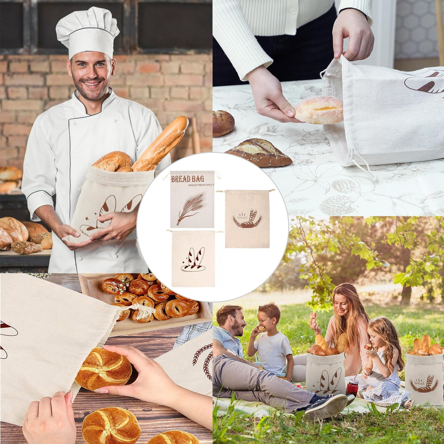 Yharnamite 3 Pcs Linen Bread Bags, 30 X 40Cm Large Capacity Bread Storage Bags with Drawstring, Reusable Food Storage Bread Keeper for Homemade Bread, Baguette, Fruit, Vegetables image number 6