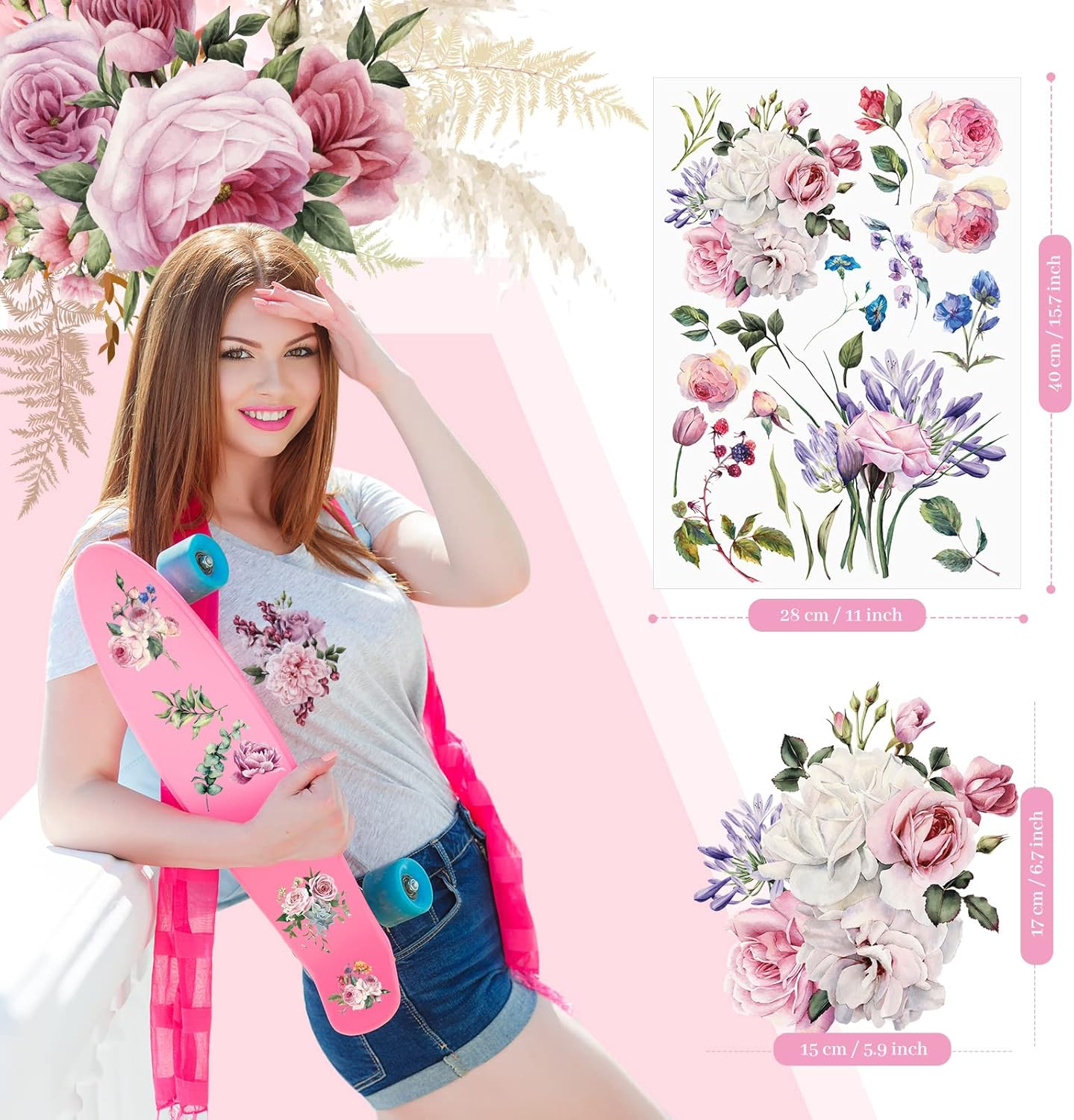 6 Sheets Spring Flowers Rub on Transfers Vintage Rose for Furniture Bird Flower Rub on Decals Wood Crafts DIY Arts Large Transfer 16 X 12 Inches(Flower Style) image number 4