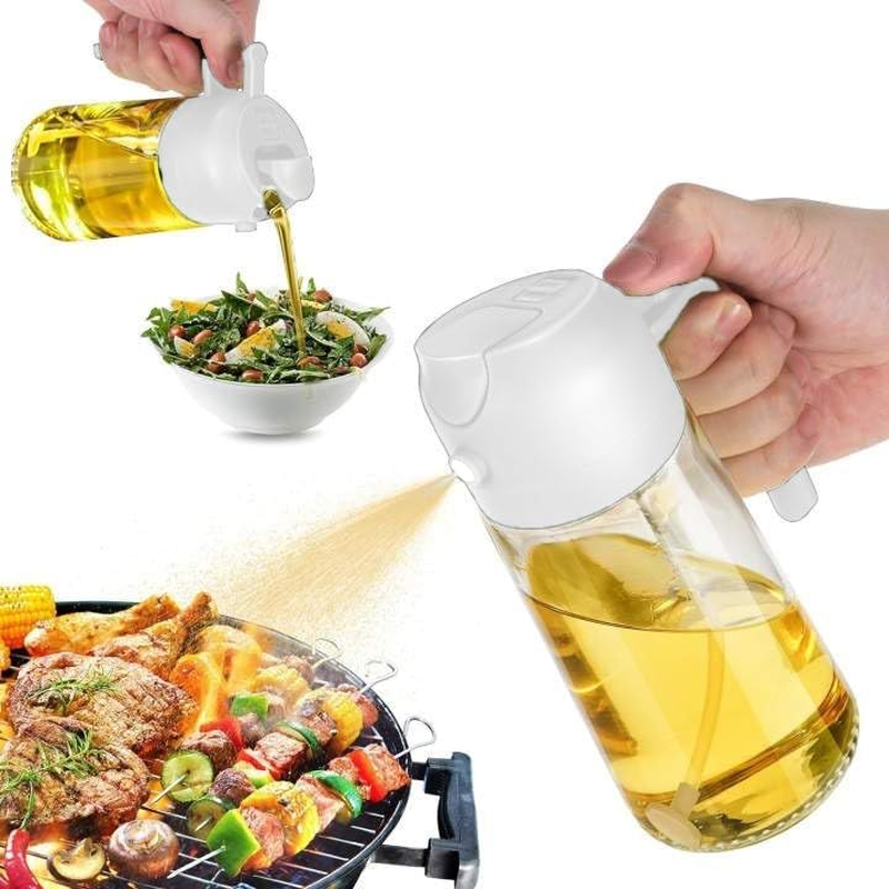 SMART PEPPER Oil Dispenser, 2 in 1 Oil Sprayer for Cooking, 16Oz/480Ml Glass Oil Spray Bottle with Pourer, Food-Grade Oil Dispenser and Oil Sprayer for Kitchen, Salad, Frying, BBQ (White)