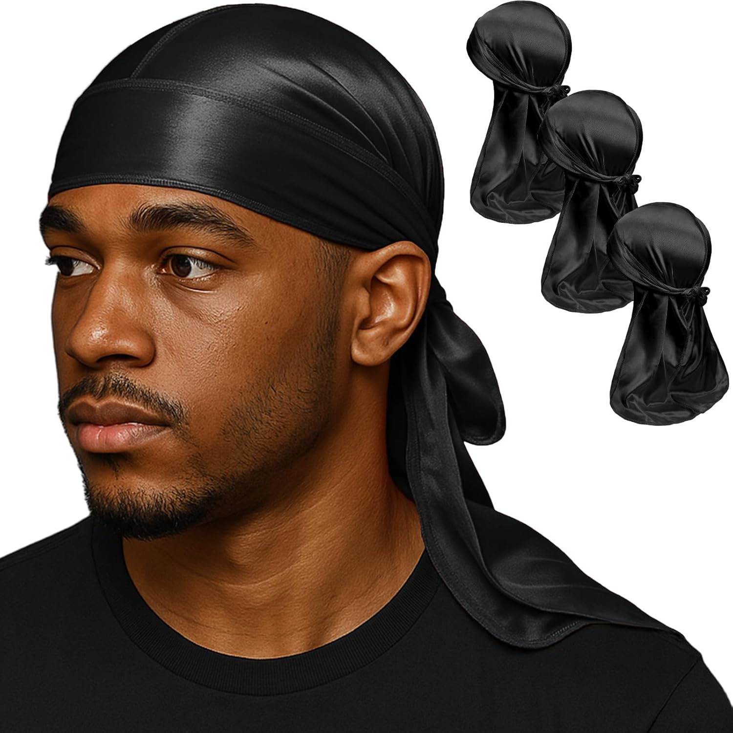 3PCS Silky Durags for Men Wave, Satin Doo Rags for 360, 540, 720 Waves (Black) - (2 Packs)-Gold, Gray image number 7