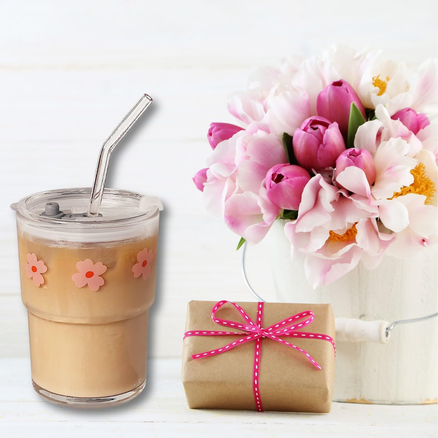 Olvini 13Oz Glass Tumbler with Glass Straw and Lid, Iced Coffee Cups Reusable, Water Cup, Coffee Tumbler, Glass Coffee Mugs, Drinking Glass Cups (Pink Flower) image number 6