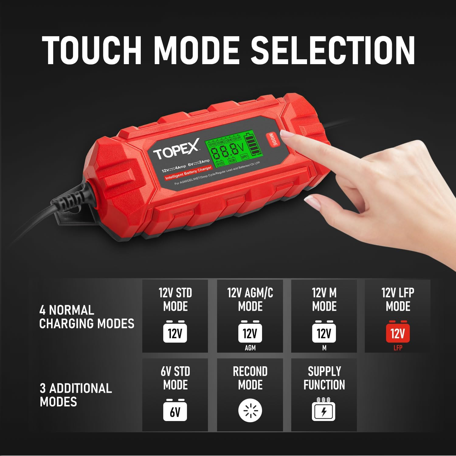 TOPEX Car Battery Charger, 12V 4A/ 6V 2A Smart Automatic Battery Charger Maintainer IP65 Rated W/ 10 Stage Charging LCD Display for Lead Acid, Lifepo4 Battery in Car, Truck, Motorcycle, Boat, SUV, ATV