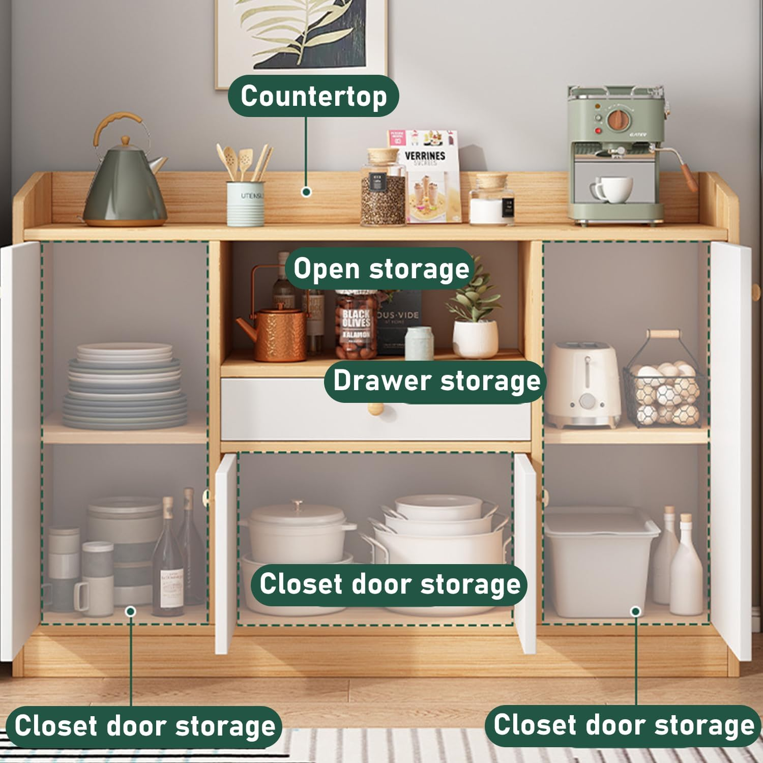 Uandhome Sideboard Cabinet,Modern Kitchen Storage Cabinet with 1 Drawer & 4 Doors for Microwave Oven,Tableware and Kitchens Utensils,Modern Storage Cabinets for Dining Room,Living Room & Kitchen image number 4