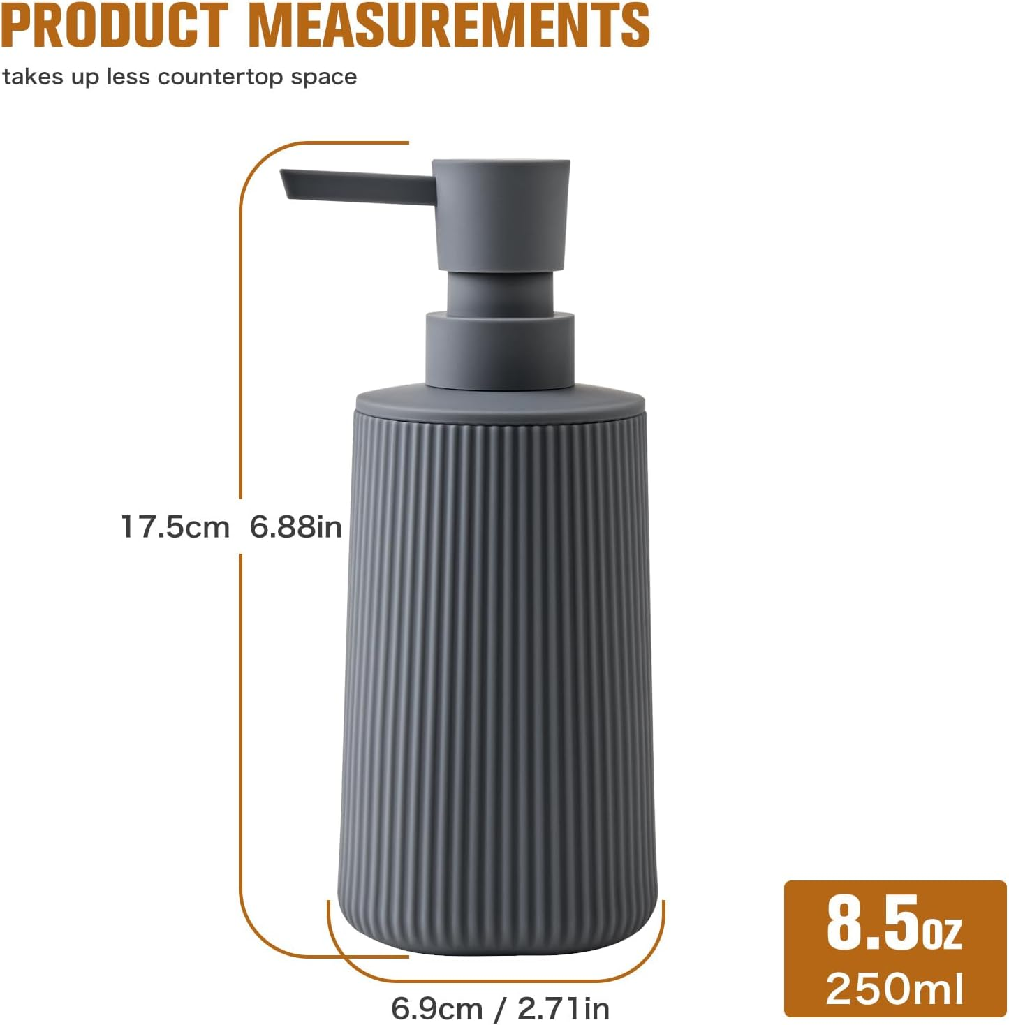 Grey Soap Dispenser, Small Hand Soap Dispenser for Bathroom, Refillable Dish Soap Dispenser for Kitchen Countertop, Modern Striped Liquid Soap Dispenser with Pump (Grey, Liquid) - Beige image number 6