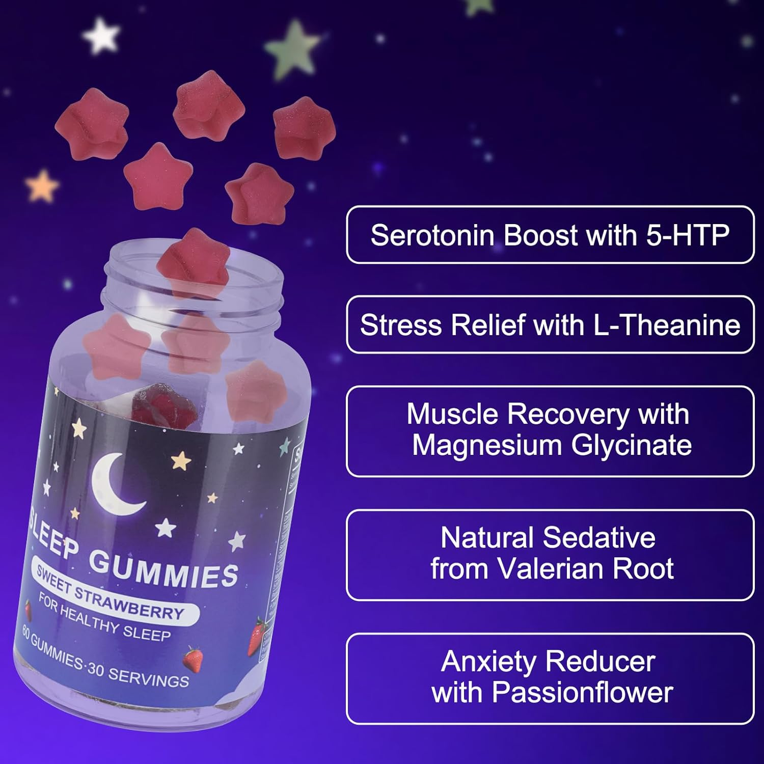 Natural Sleep Aid Gummies for Adults-Strawberry Star Gummies, Fruity Flavor, Vegan, Travel-Friendly, Non-Habit Forming- 60 Count image number 4