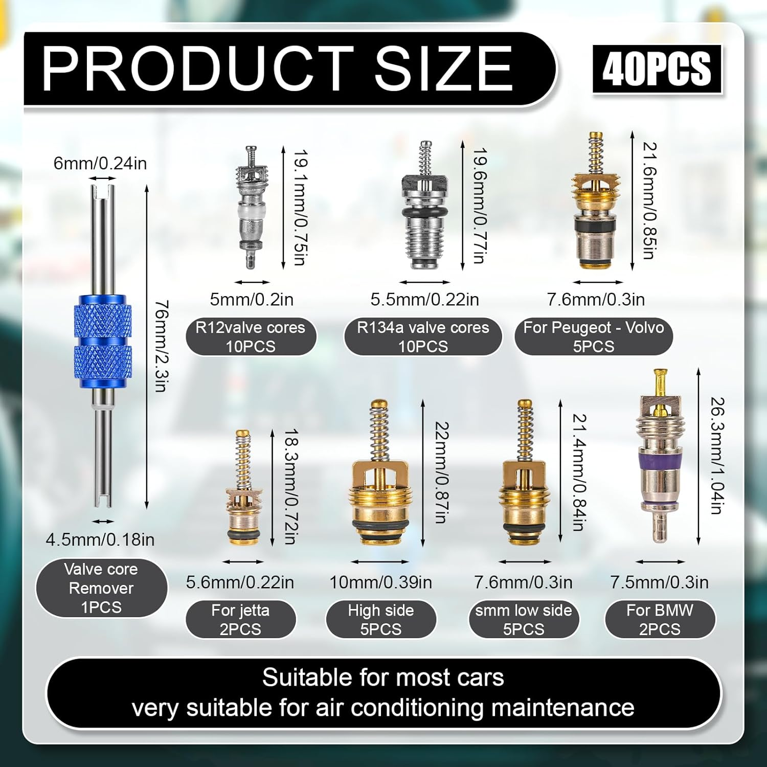 40Pcs AC Valve Core Kit, Car Air Conditioner Valve Core Accessories A/C R12 R134A Refrigeration Valve Core with Double-Head Disassembly and Installation Remover Tool AC Valve Kit for Most Cars image number 4