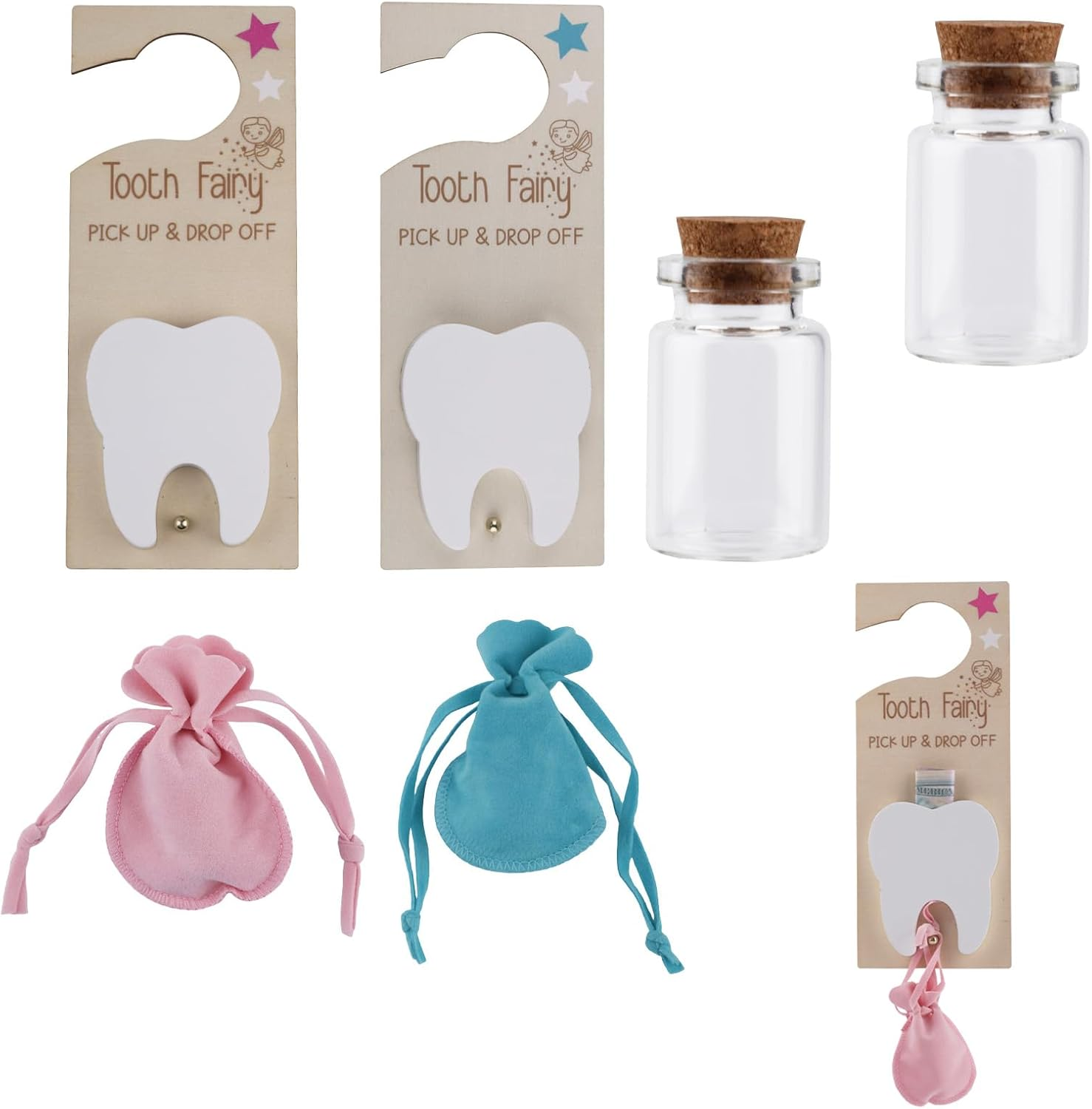 2 Set Tooth Fairy Door Hanger with Slot, Wooden Tooth Door Holder with Bag & Glass Bottle for Kids Room Decor Encourage Gift (Pink & Blue)