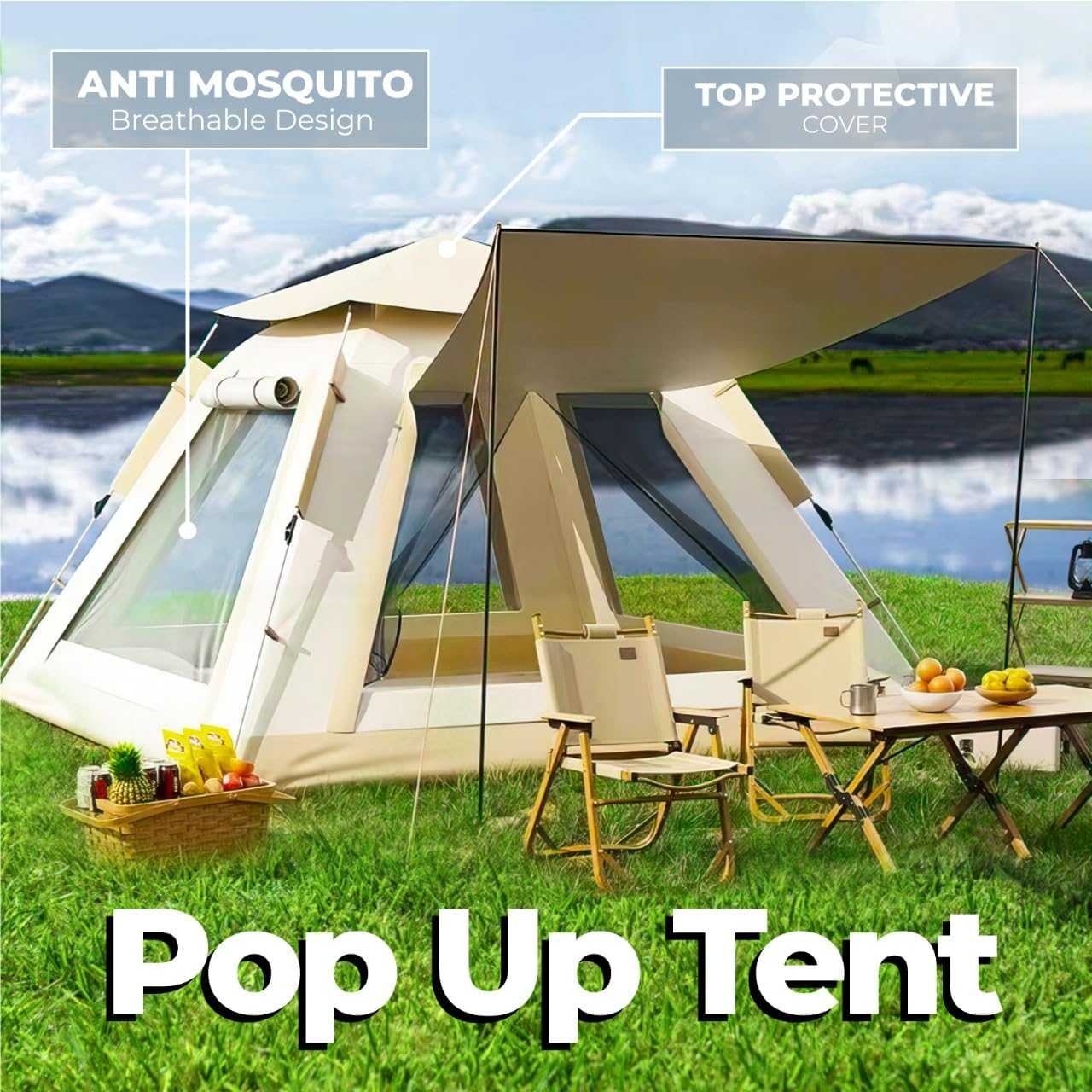 3/5-Person Instant Tent with Porch Camping Gear for Outdoors Fast Cabin Tent with Instant Setup Tent Pop up in 4 Minutes with Rainfly Backpack for Family Camping, Upgraded Ventilation