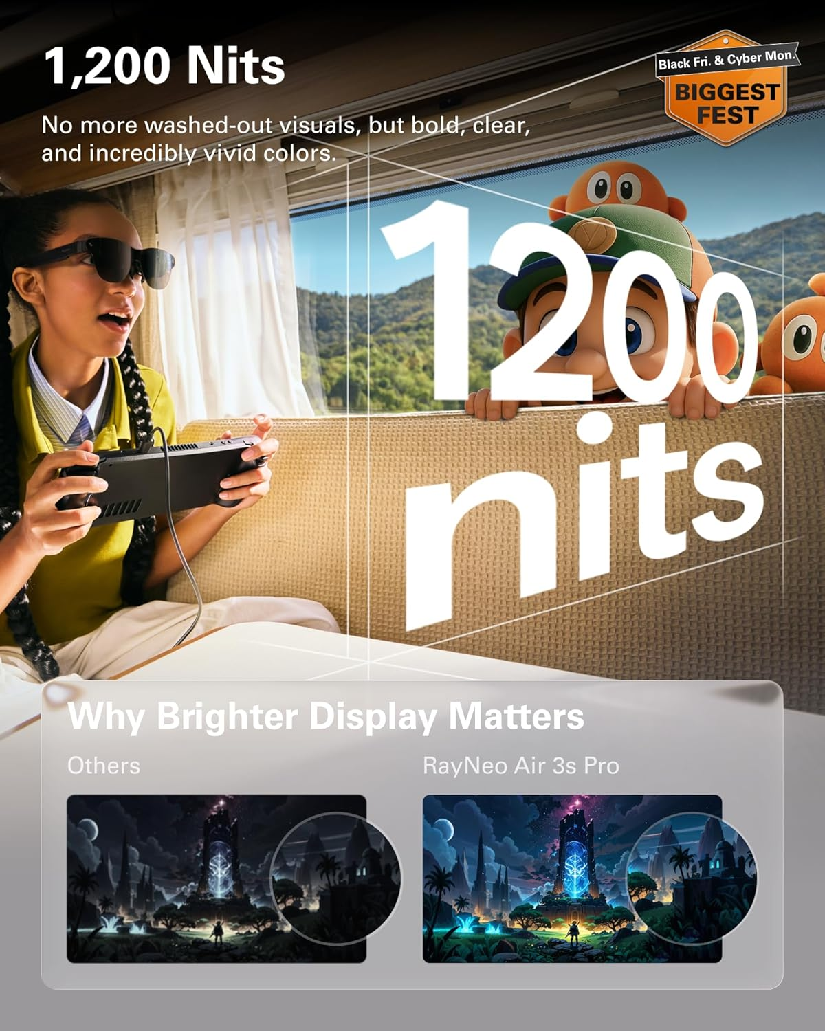 [New] Rayneo Air 3S Pro AR/XR Glasses - 201'' 1200 Nits 120Hz Hueview 2.0 Video Display Smart Gaming Glasses for Iphone 17,16,15/Android/Mac/Switch 2/Ps5/Steamdeck - Next-Gen Personal Theater image number 3