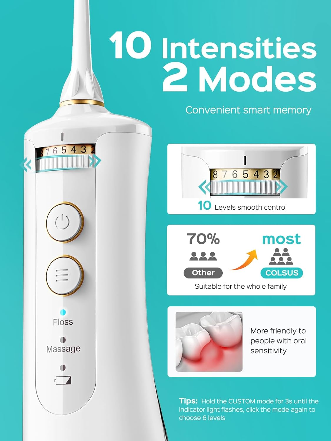 COSLUS Cordless Water Flosser for Teeth: 10 Pressure Settings Water Dental Pick for Orthodontic, Braces, Sensitive Gums, 5 Tips for Multiple Users, Rechargeable for Travel, Bpa-Free, White, E40(WFP14) image number 5