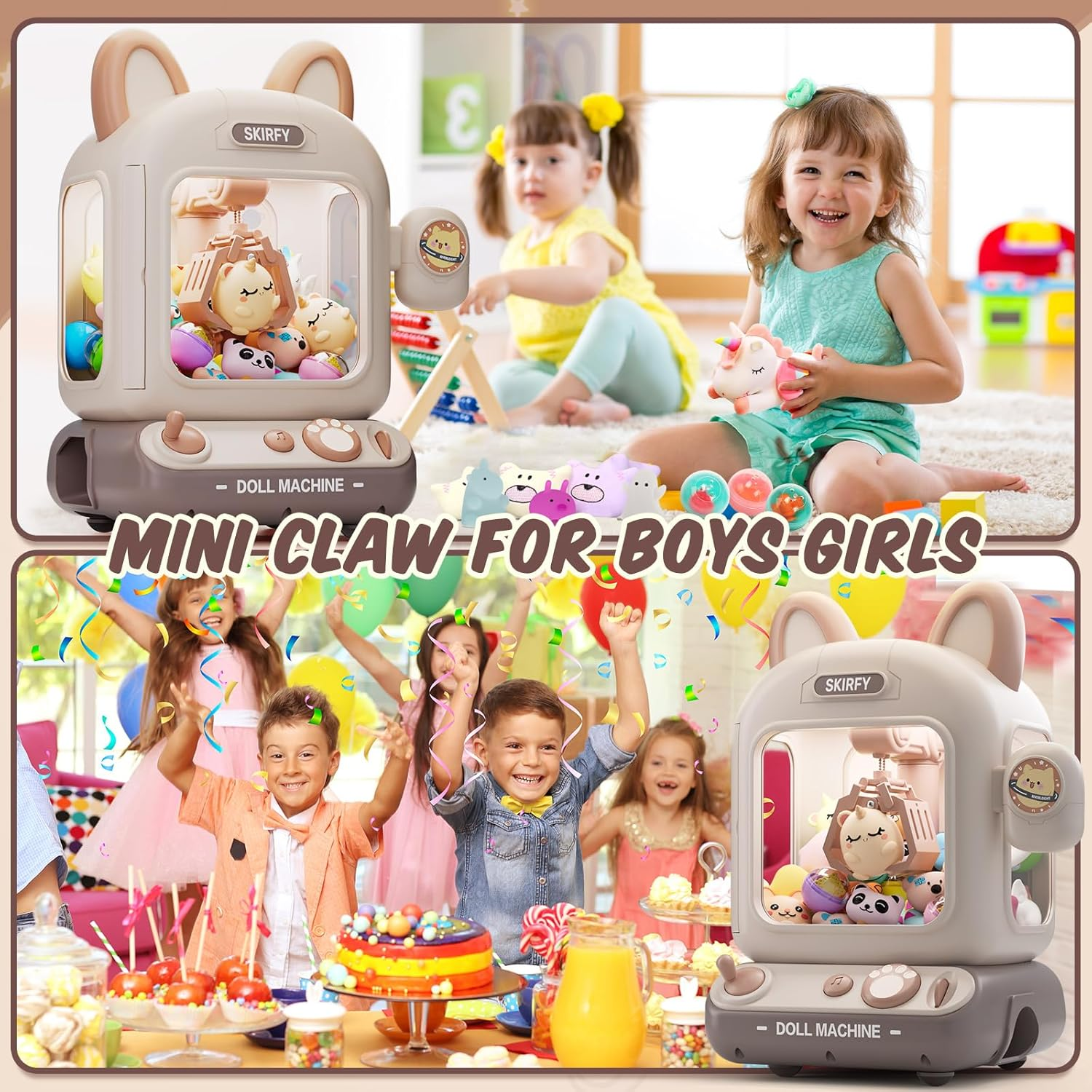 Skirfy Claw Machine for Kids,Mini Vending Machine, Prize Dispenser Toys for Girls and Boys, Electronic Arcade Game for Party Birthdays Includes 32 Mini Toys(Brown) - Brown image number 6