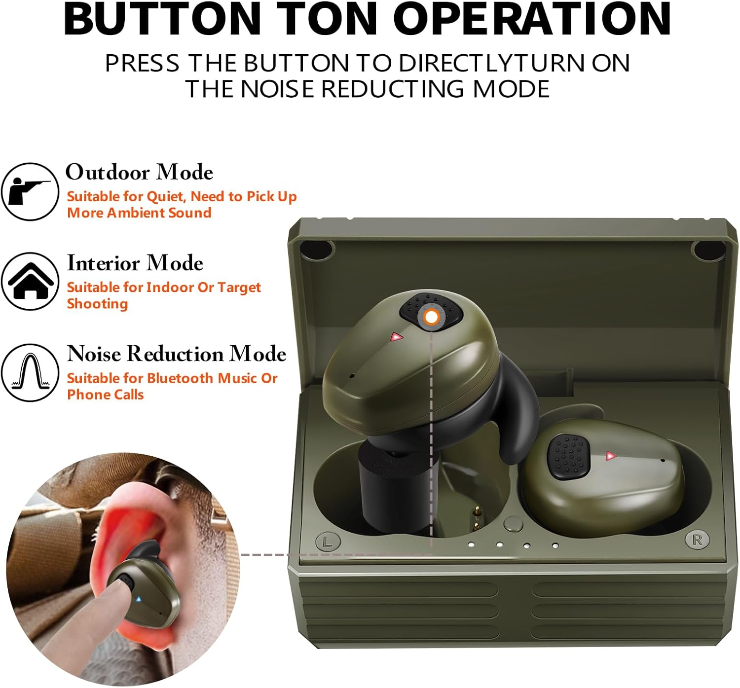 YHKEMA Electronic Bluetooth Sound Suppression Ear Hearing Protection, NRR 28Db Wireless Earplug with Rechargeable Case, In-Ear Gun Sound Amplification Earbud for Shooting, Hunting and Range (Green) image number 5