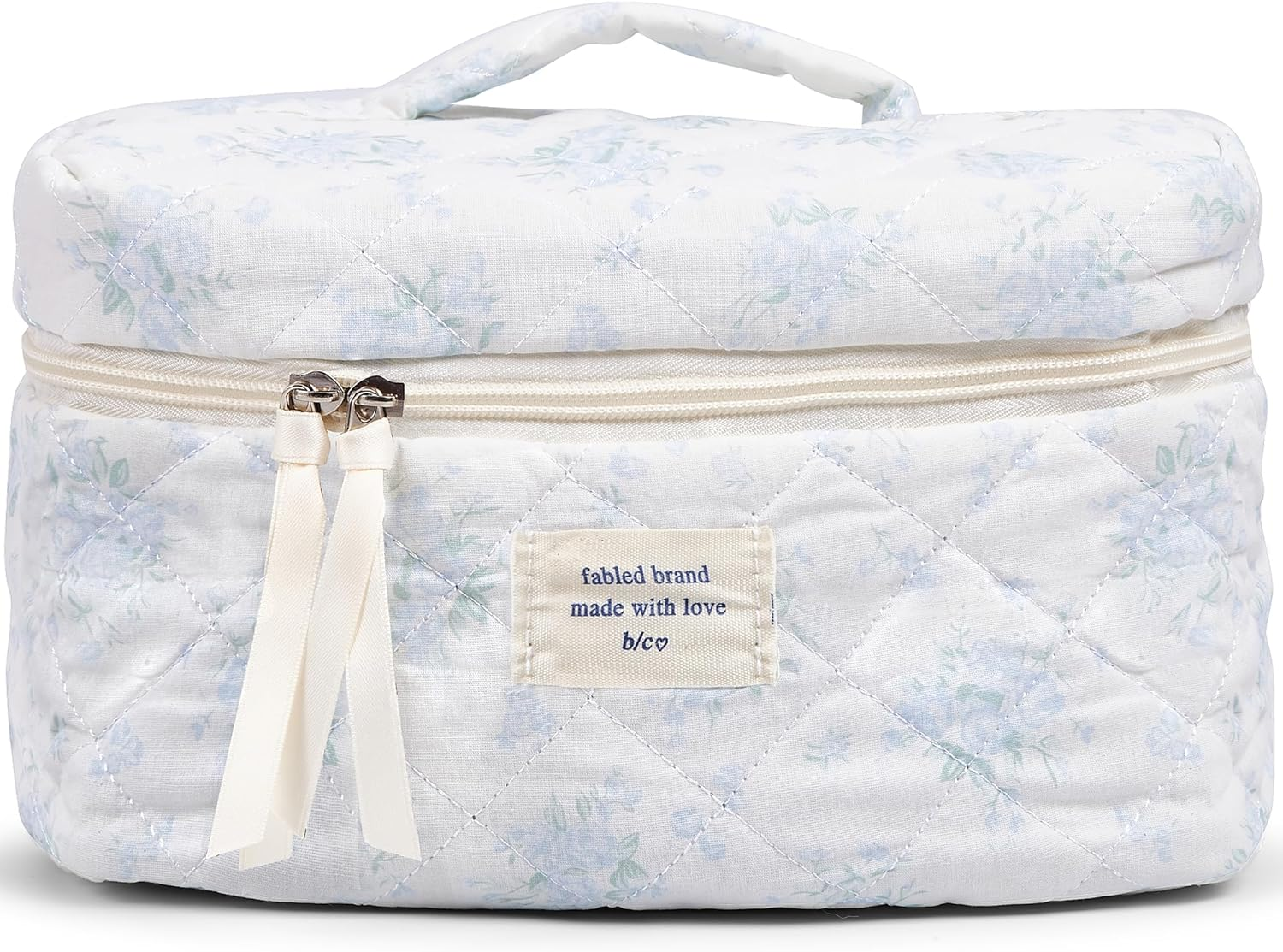 Makeup Bag Large Travel Quilted Cosmetic Makeup Bag Organizer, Floral Cotton Coquette Aesthetic Toiletry Bag for Women Girls, Blue Romantic Rose-L, Floral - Blue Floral image number 5