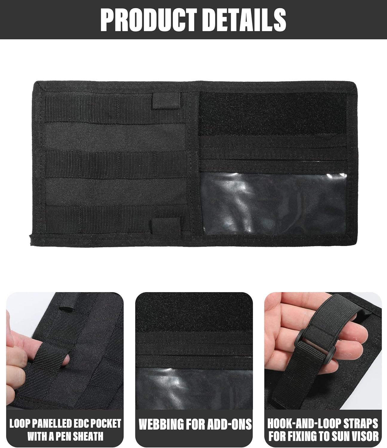 YAKEFLY Car Organizer, Visor Panel with Molle Elastic Straps, Vehicle Sun Visor Holder, Black