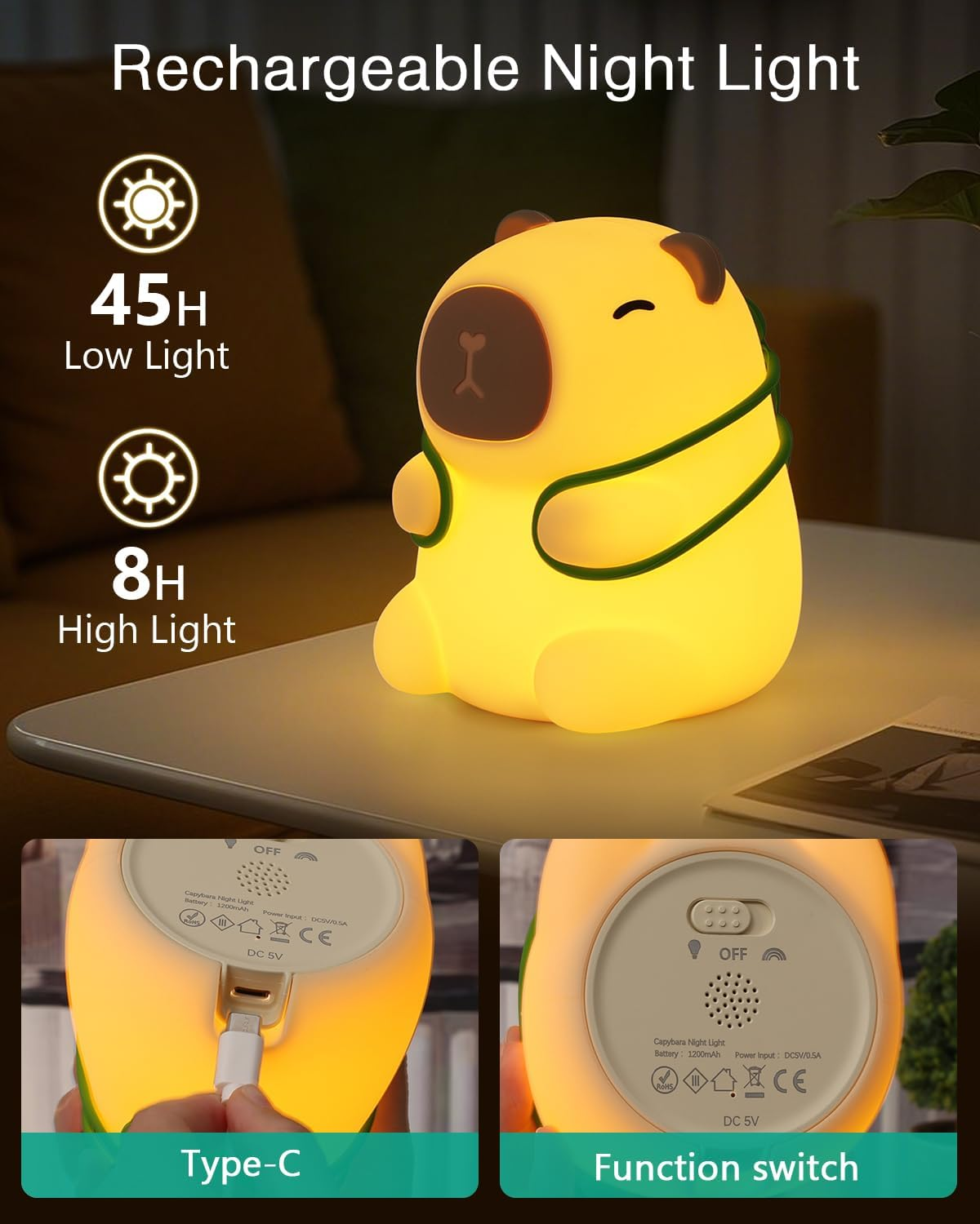 Capybara Night Light, Cute Animal Soft Silicone LED Lamp with 3 Brightness & 7 Color and Timer, Rechargeable Nursery Bedside Light for Kids Room Decor, Birthday Holiday Gifts for Boy Girl image number 2