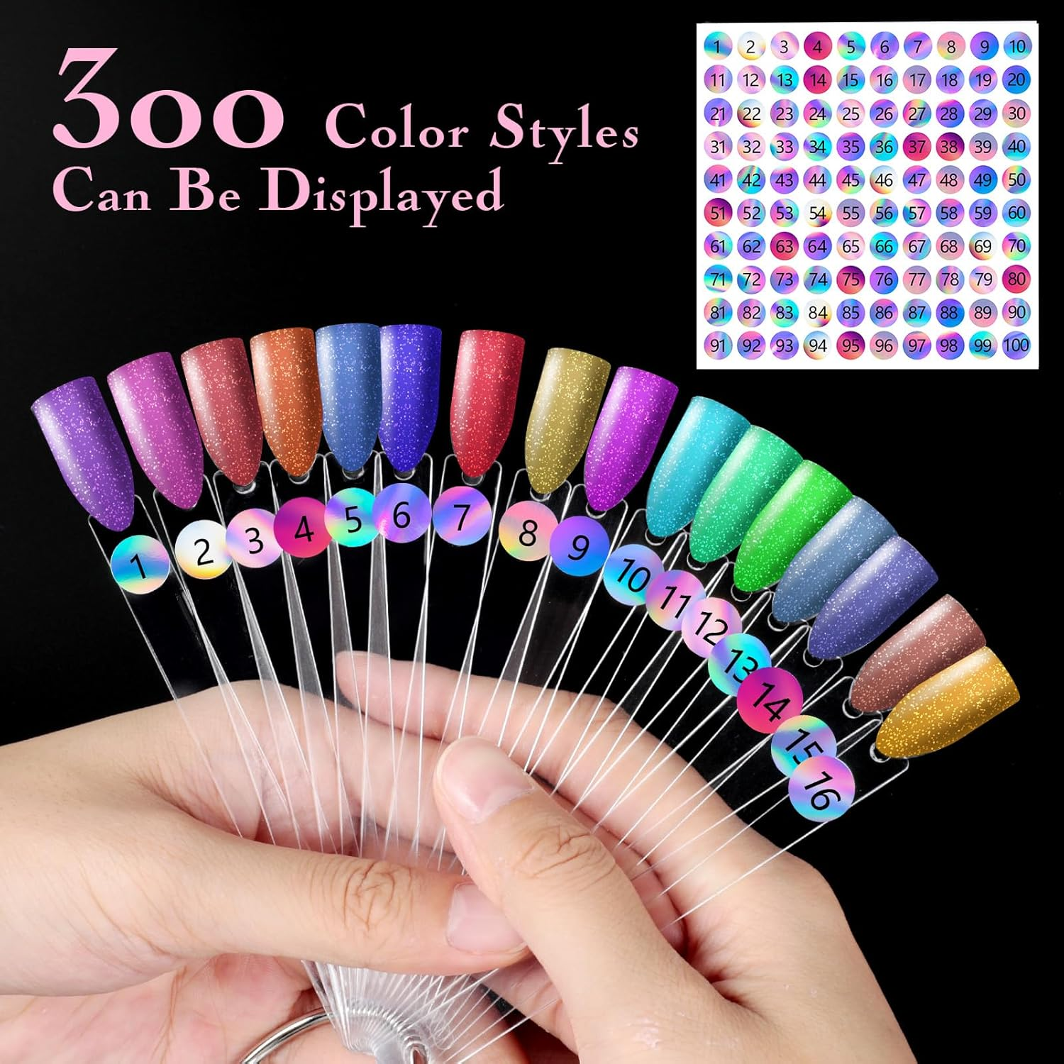 Aiqinu Pack of 300 Nail Display, Nail Art, Transparent Colour Card Plates, Nail Polish Display Ring Sticks, Nail Display Salon Exercises image number 1