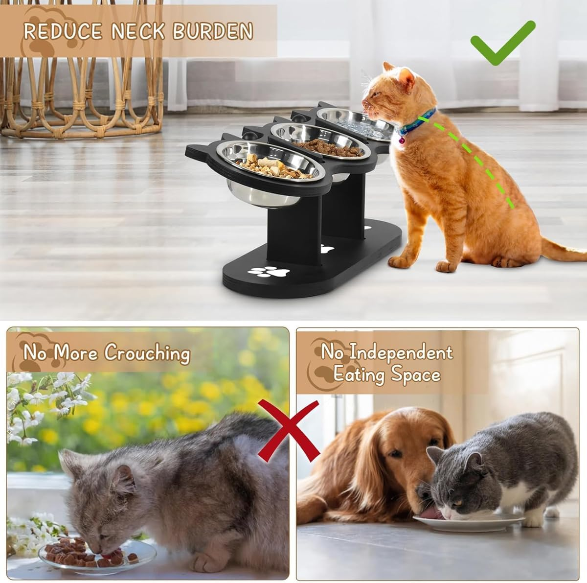 AIMALL 3Pcs Adjustable Pet Feeder, Wooden Cat and Dog Food Bowl Stand with Stainless Steel Bowls, Elevated Feeding Rack for Pets, 16.53X6.29X6.06 Inch Durable Dining Table image number 2