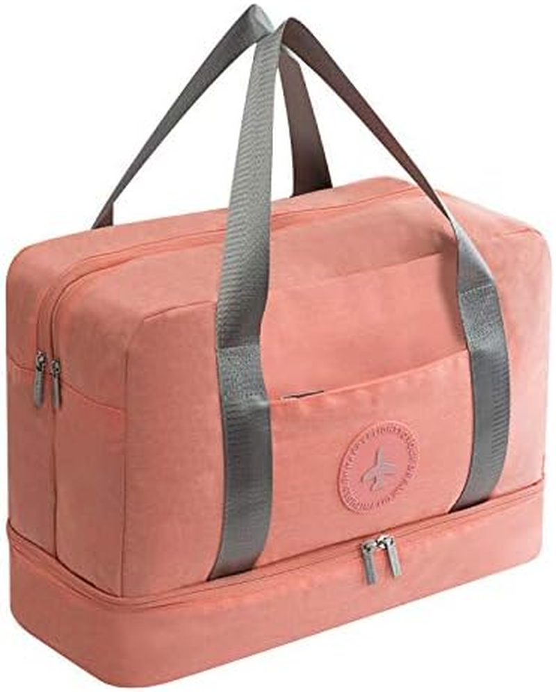 AIJAKO Waterproof Gym Bag with Shoe Compartment, Travel Bag Weekender Dry and Wet Separation Mesh Tote Bag Swimming Bag Large Capacity Boarding Bag with Luggage Tag for Women and Men, Orange, 39*30*18CM