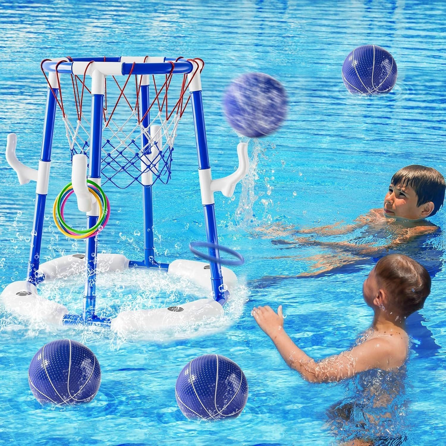 Basketball Hoop Toys for Kids Ages 4-8 8-12 & Adult, Summer Outdoor Swimming Pool Games Water Play Toys Family Party for Kids, 2 In1 Pool Basketball Hoop & Ring Game with 4 Balls 12 Rings & Pump image number 2