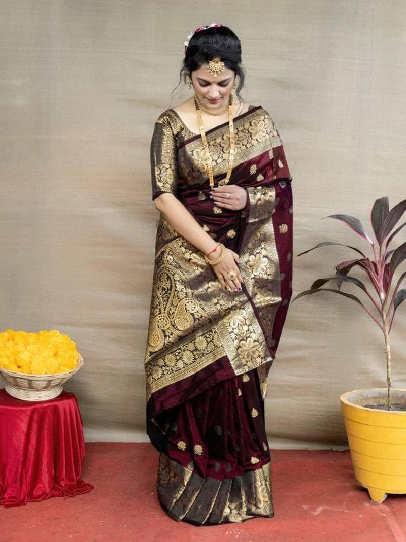 C J Enterprise Women Pure Banarasi Silk Kanjivaram Style Blouse Wedding Saree (Vruksh) image number 2