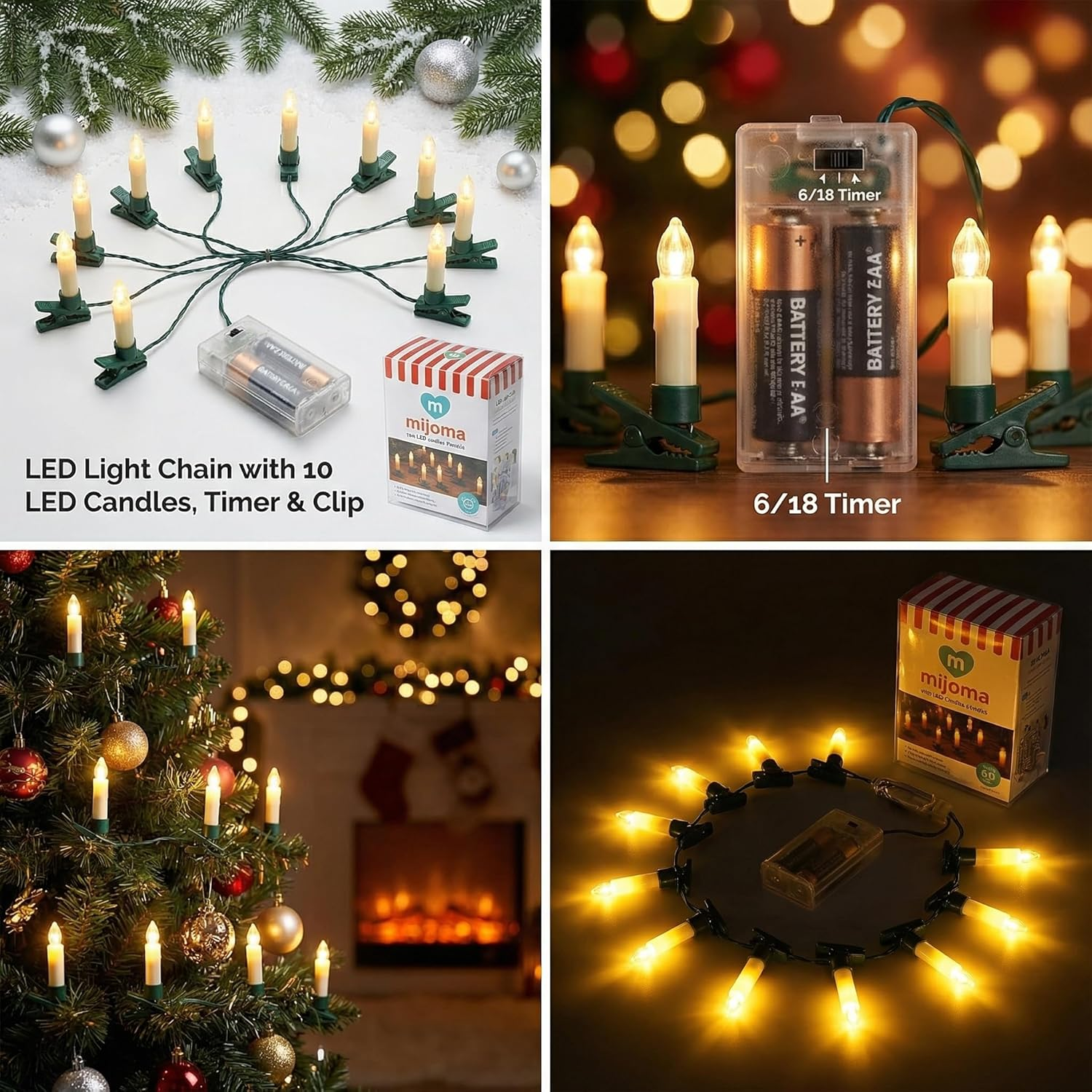 MIJOMA LED Fairy Lights with 10 Candles and Clips, 3 M Length, Battery Operated, 6/18 Timer - Flexible and Ideal for Christmas Decoration image number 2