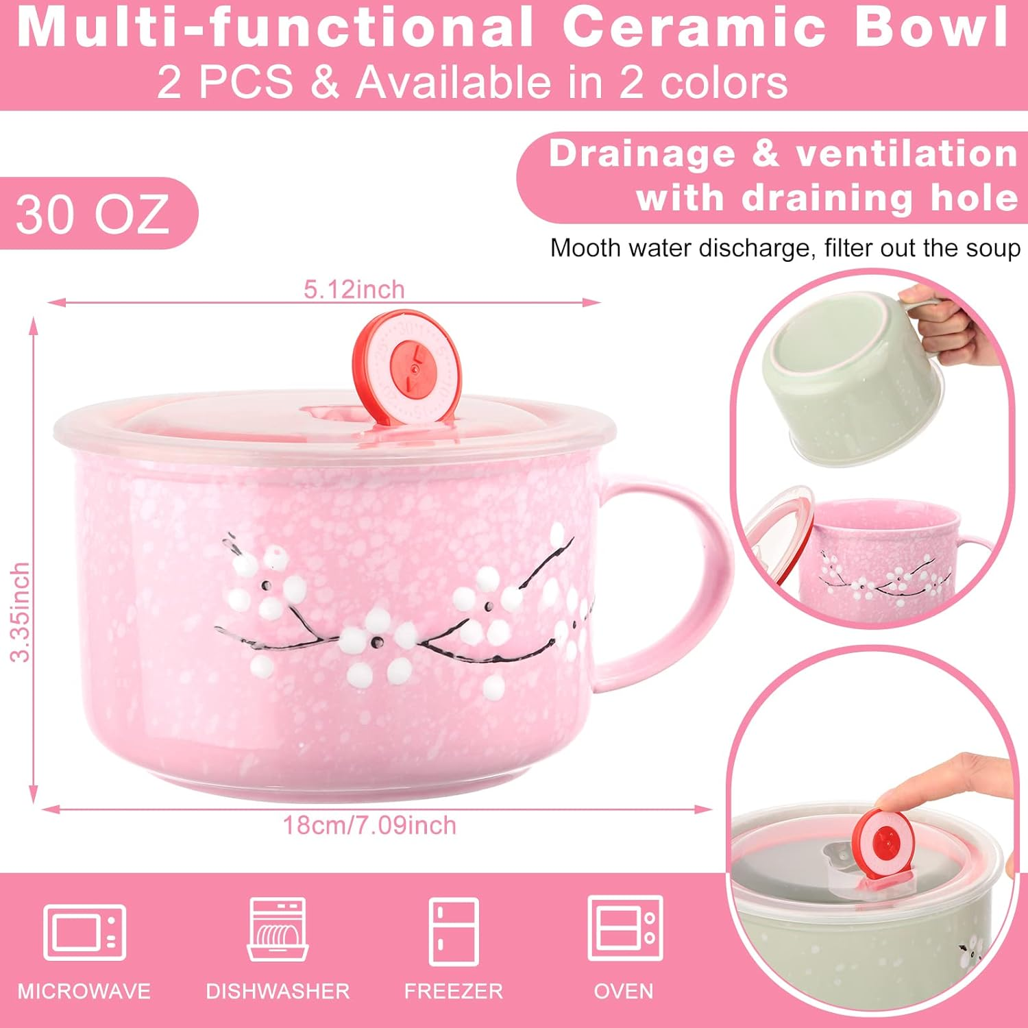 SEEWEY 2 Pcs Floral Ceramic Bowl with Lid and Handle 30 Oz Soup Bowls Heat Preservation Instant Noodles Mug Soup Cup Microwavable Bowls for Ramen Noodle Cereal Travel image number 3