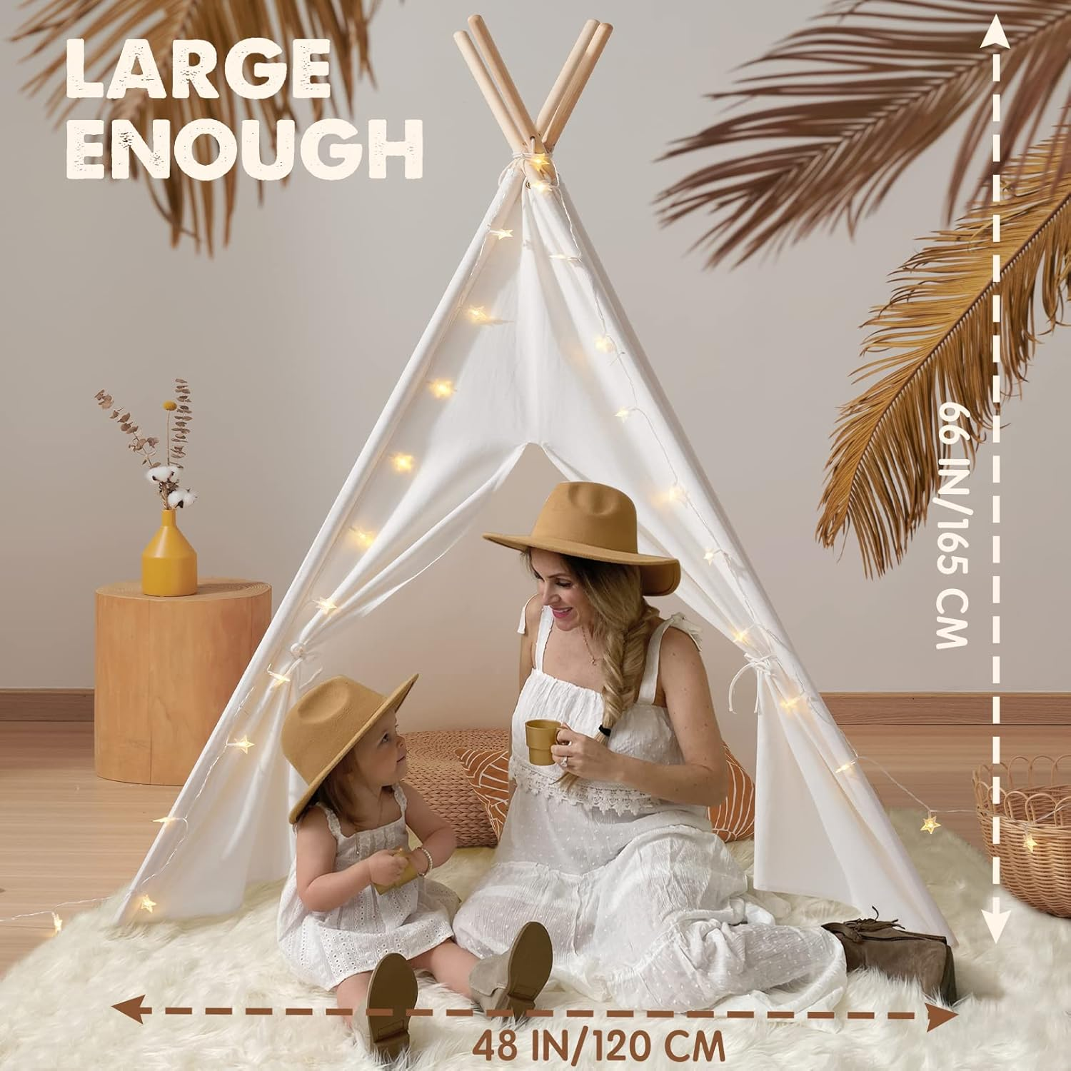 Tiny Land 100% Cotton Large Kids Teepee Tent with Padded Mat & Light String & Carry Case-Kids Foldable Play Tent -Toys for 3,4,5,6 Year Old Girls and Boys, Teepee Indoor Outdoor Games Playhouse image number 3